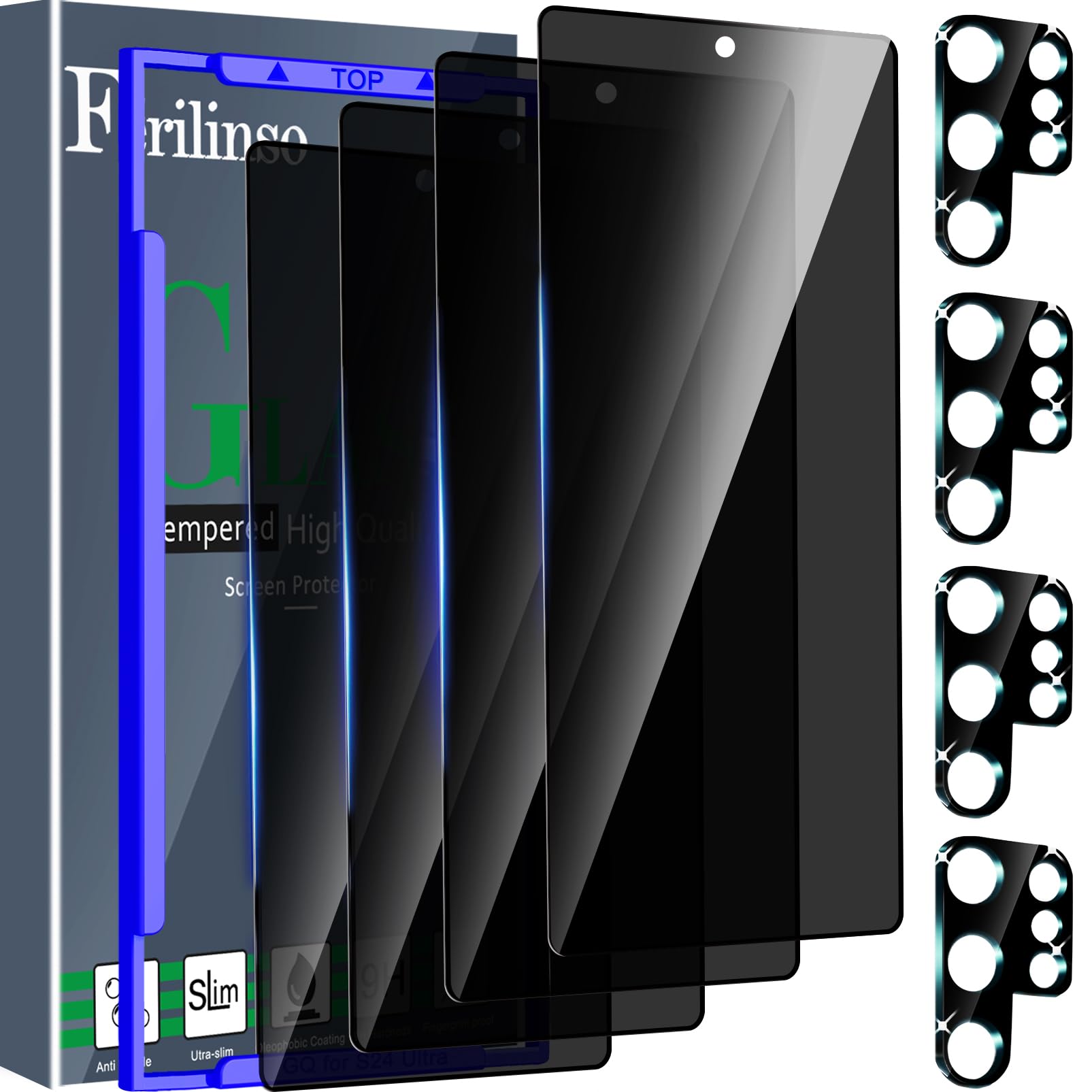 Ferilinso 4 Pack Privacy Screen Protector For Samsung Galaxy S24 Ultra With 4 Pack Tempered Glass Camera Lens Protector Phone Ca