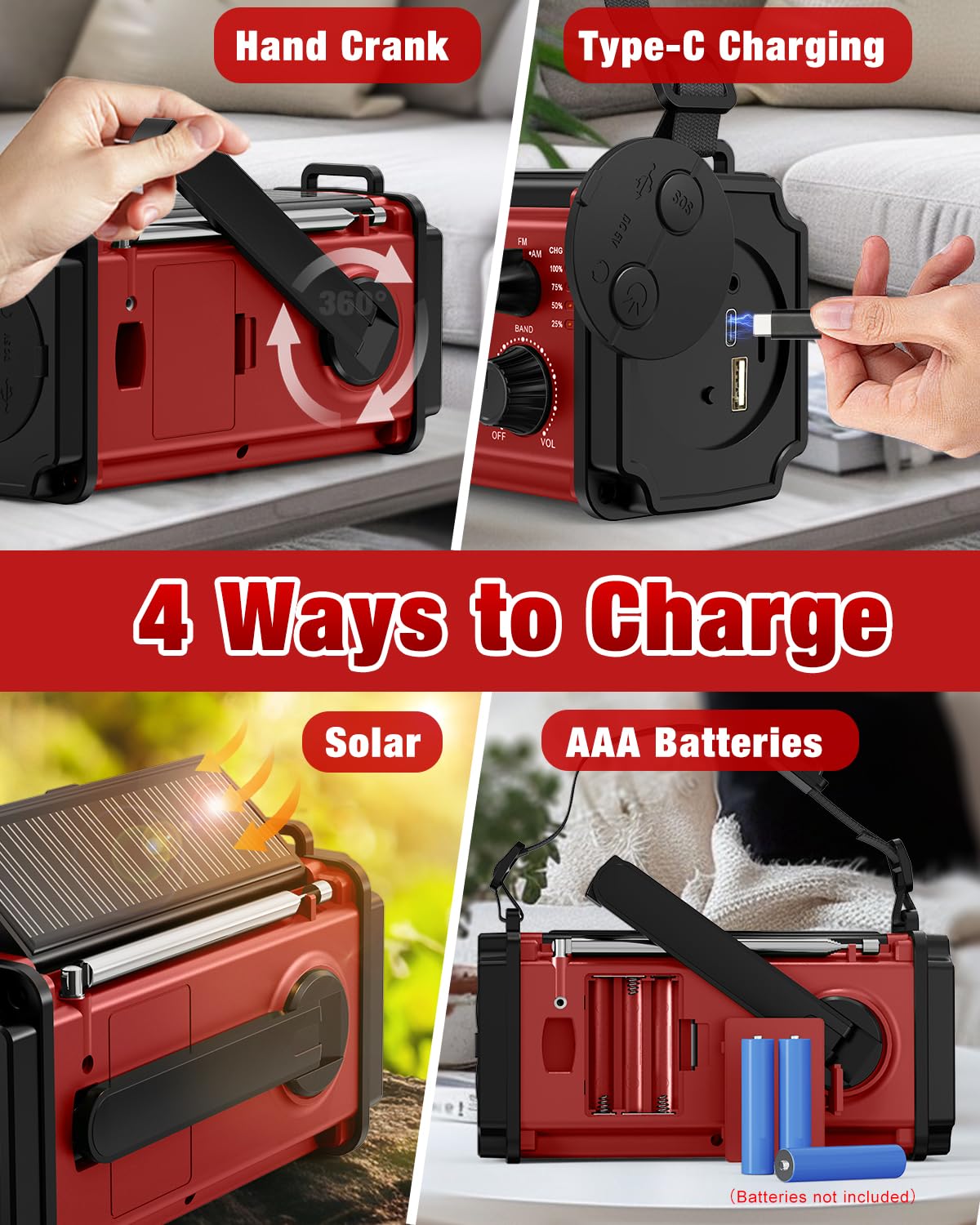 Emergency Radio, Hand Crank Radio, Solar Radio, Am Fm Noaa Weather Radio, 4 Charging Methods, Torch & Led Reading Light, Sos Ala