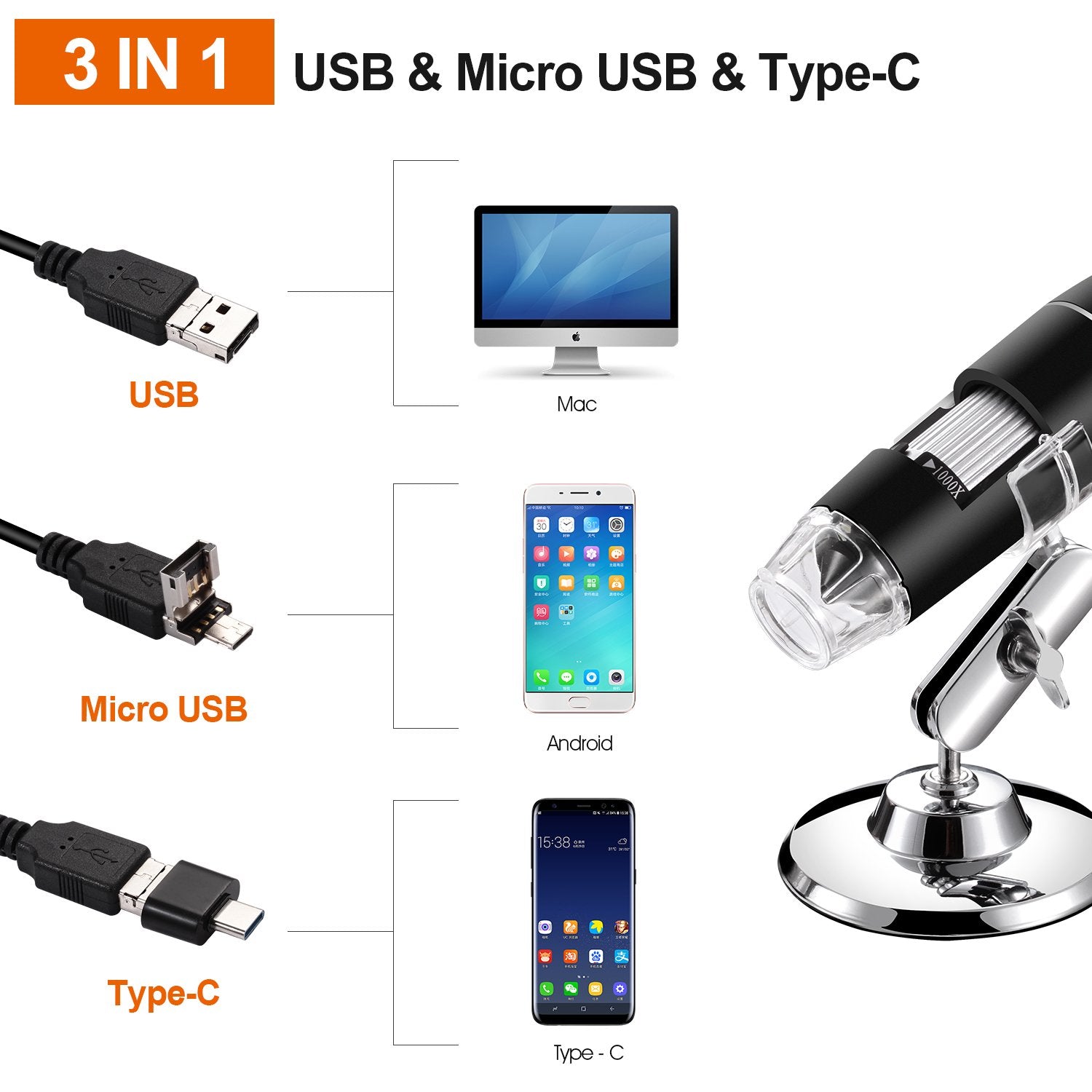 Bysameyee Usb Microscope, Digital Handheld 40X 1000X Magnification Endoscope Mini Video Camera With 8 Adjustable Led Lights, Com