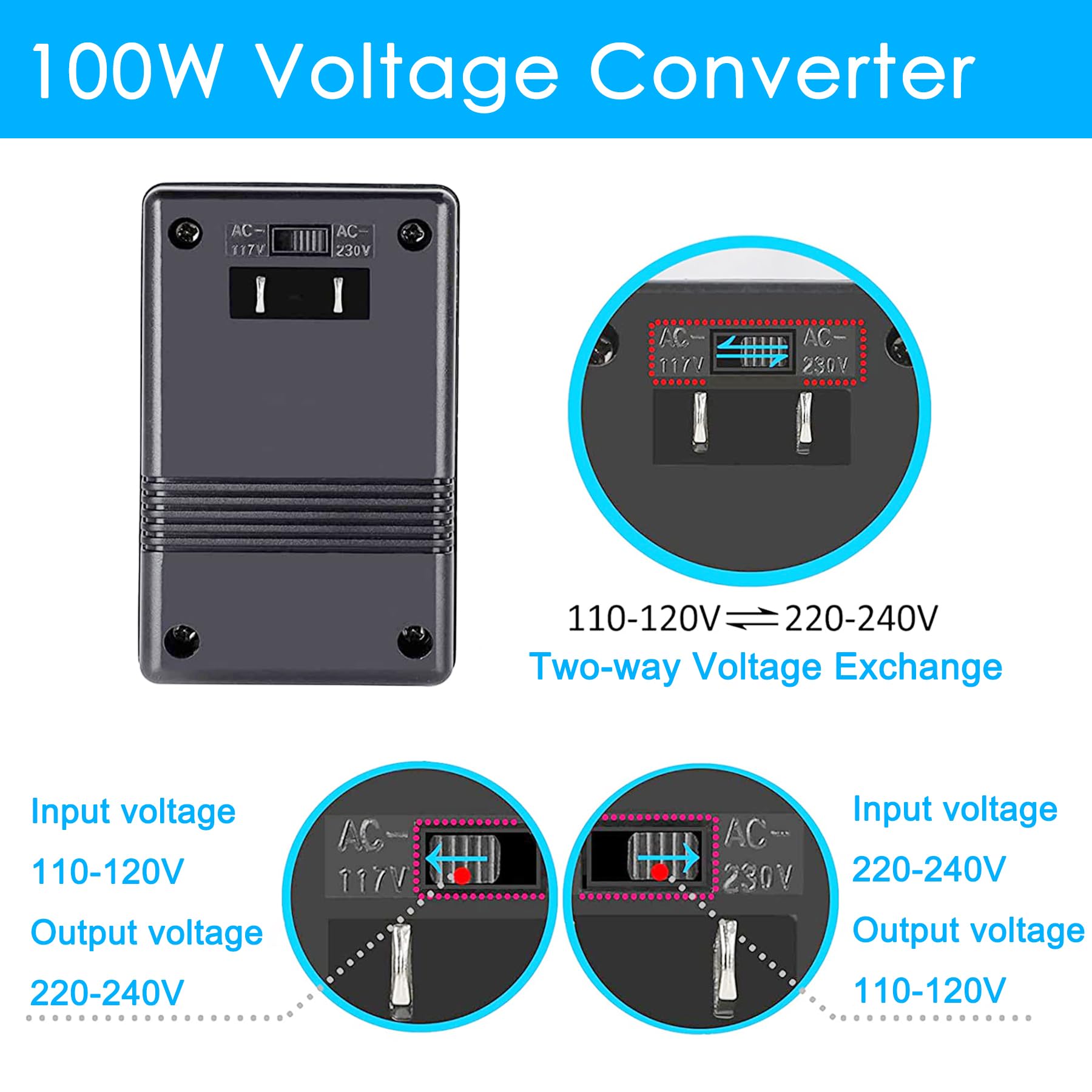 lljgkot Voltage Converter 110V to 220V, 100W Step-Up & Step-Down Transformer for Travel, RV, Camping - Black, Model 110220