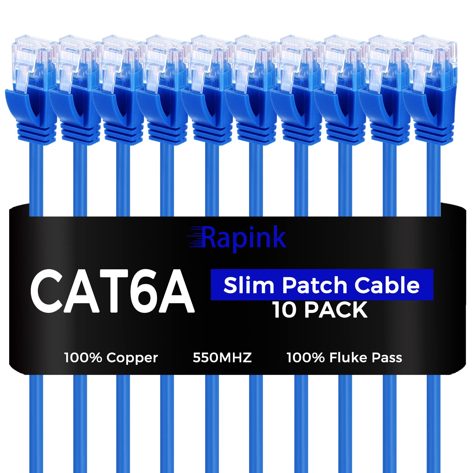 Rapink Patch Cables Cat6A 1Ft (10 Pack) Slim, Cat6A Ethernet Patch Cable 10G Support, Snagless Cat 6 Patch Cable For Patch Panel To Switch, Flexiable Cat 6A Ethernet Cable With Gold Plated