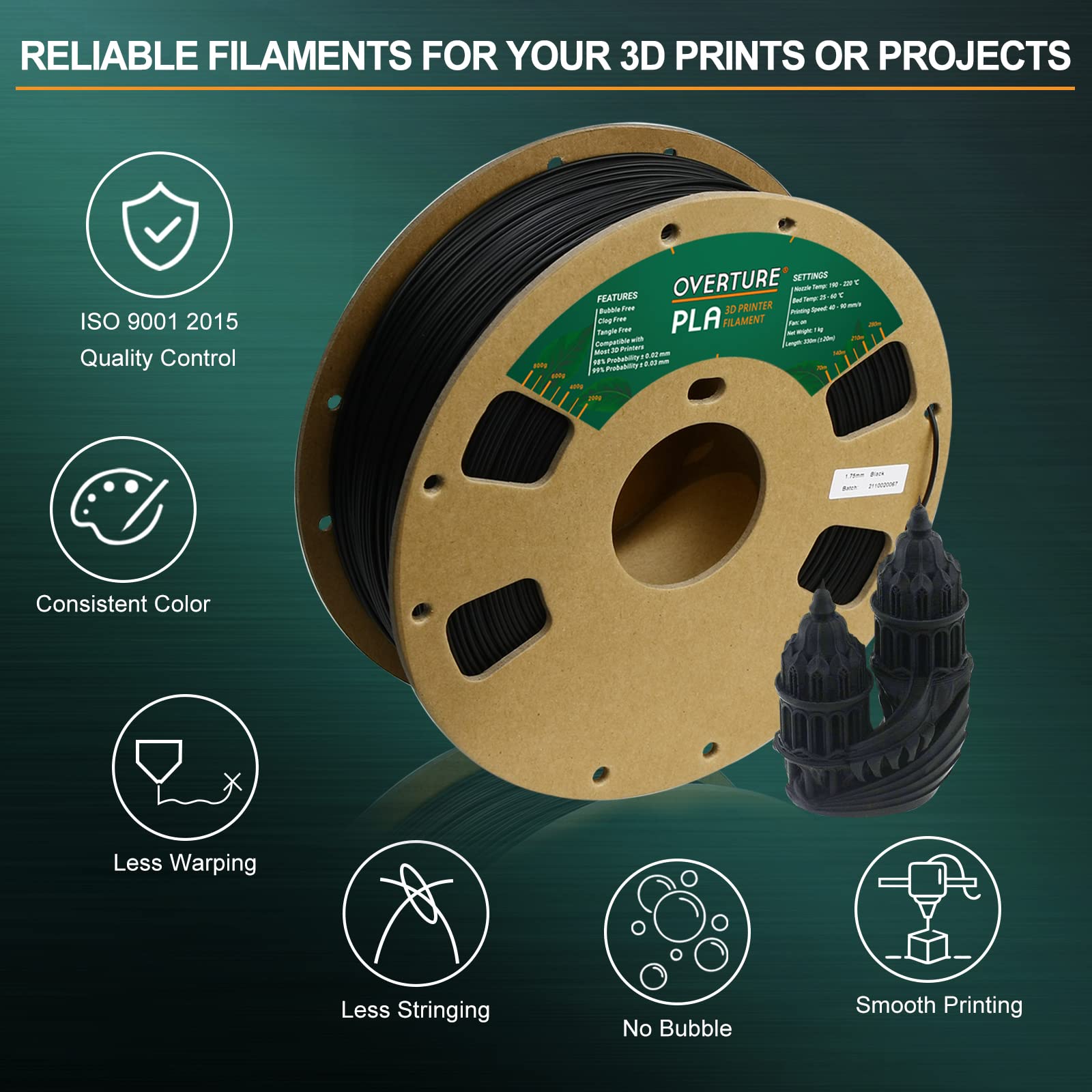 Overture Pla Filament 1.75Mm Pla 3D Printer Filament, 1Kg Cardboard Spool (2.2Lbs), Dimensional Accuracy +/  0.03Mm, Fit Most Fd