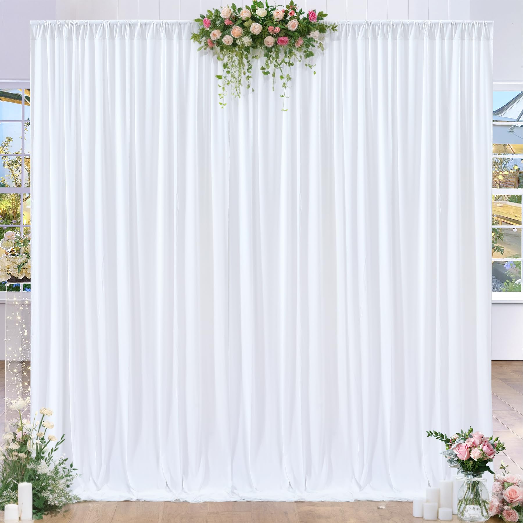 10 X 8Ft White Backdrop Curtains For Wedding 2 Panels Polyster Photo Backdrop Drapes Wrinkle Free Background Curtains Soft Fabri