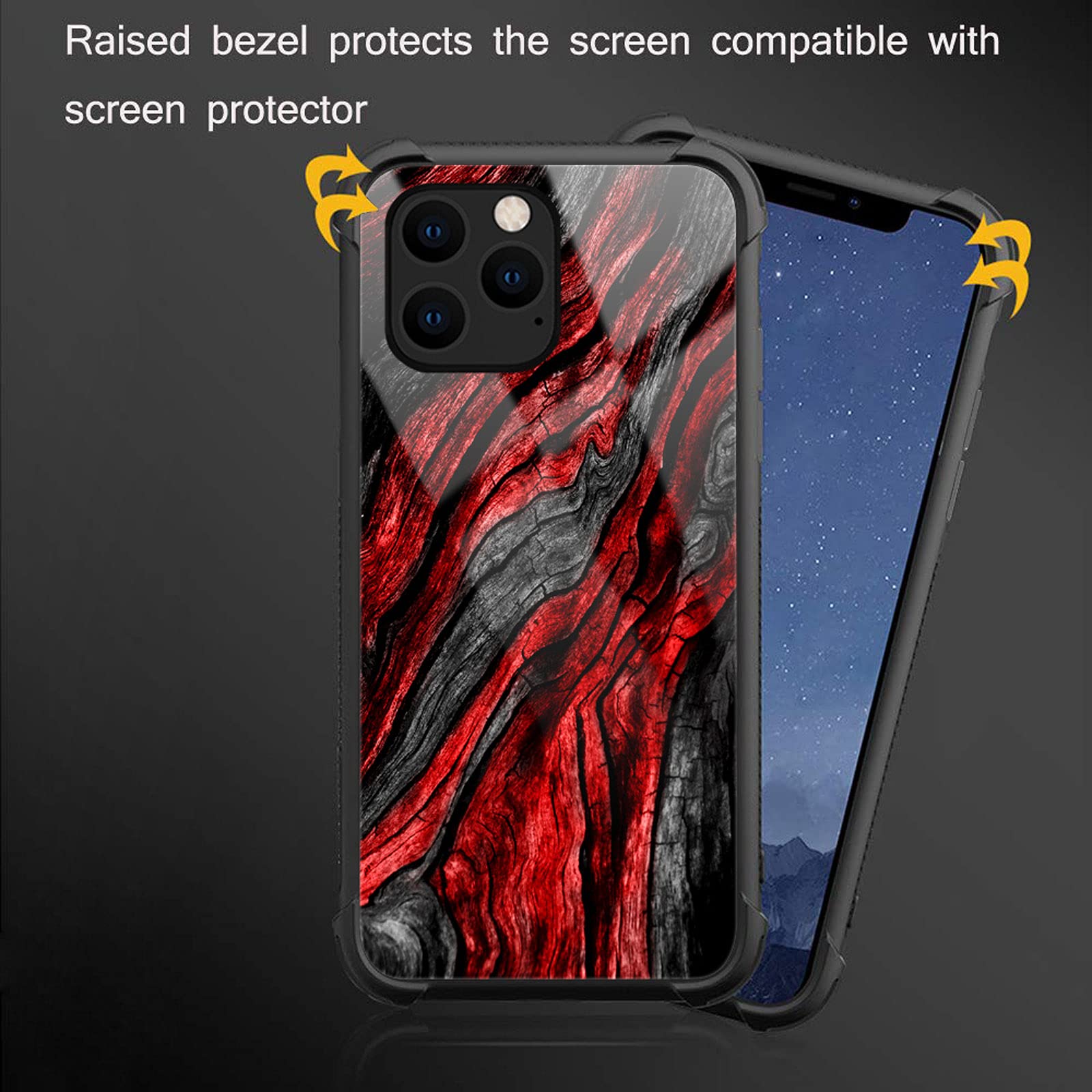 CARLOCA iPhone 13 Case Shockproof Anti-Scratch Hard Acrylic Black Red Wood Grain