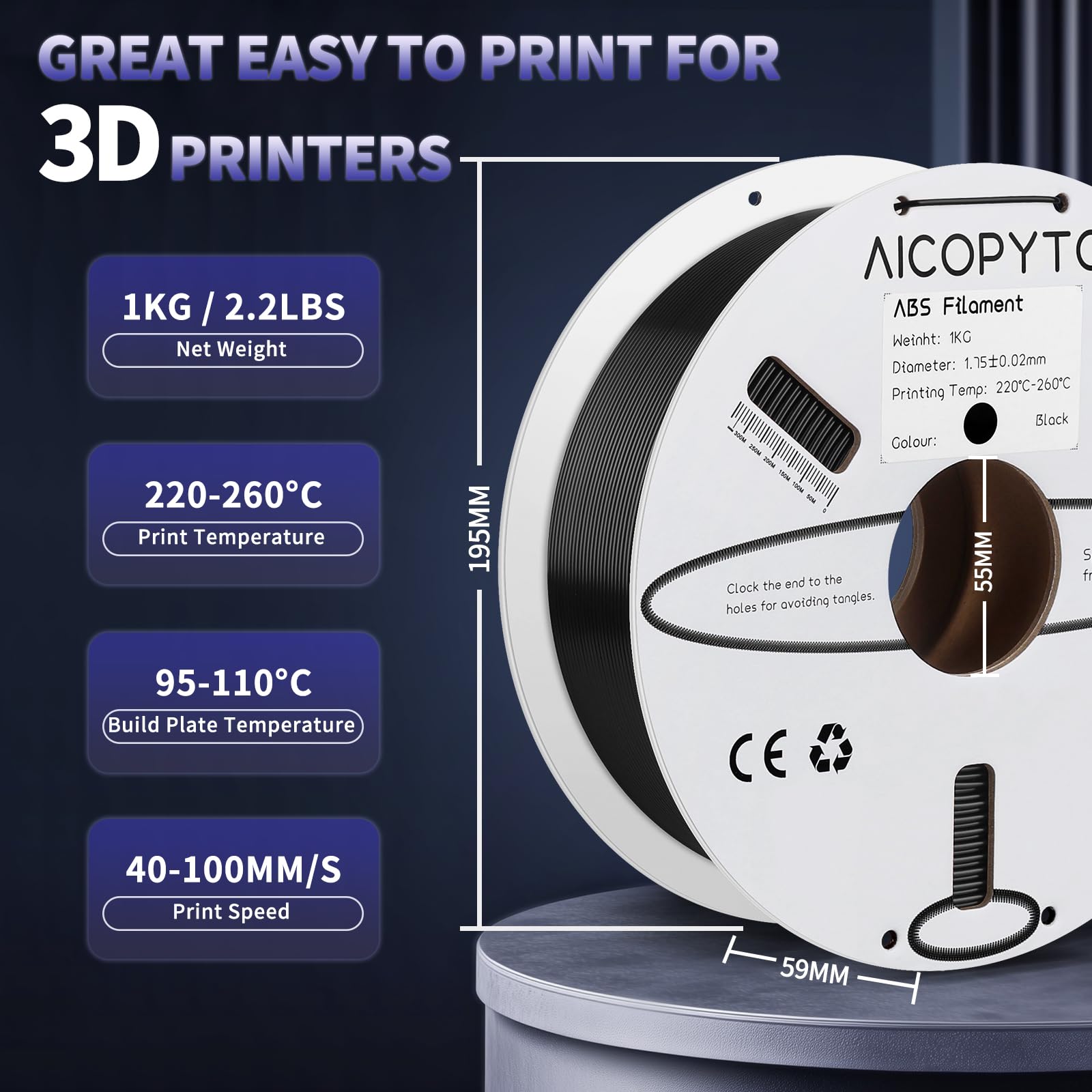 Aicopyto Abs Filament 1.75Mm, 3D Printer Filament Dimensional Accuracy +/- 0.02Mm, 1Kg Cardboard Spool (2.2 Lbs) 3D Printing Fil