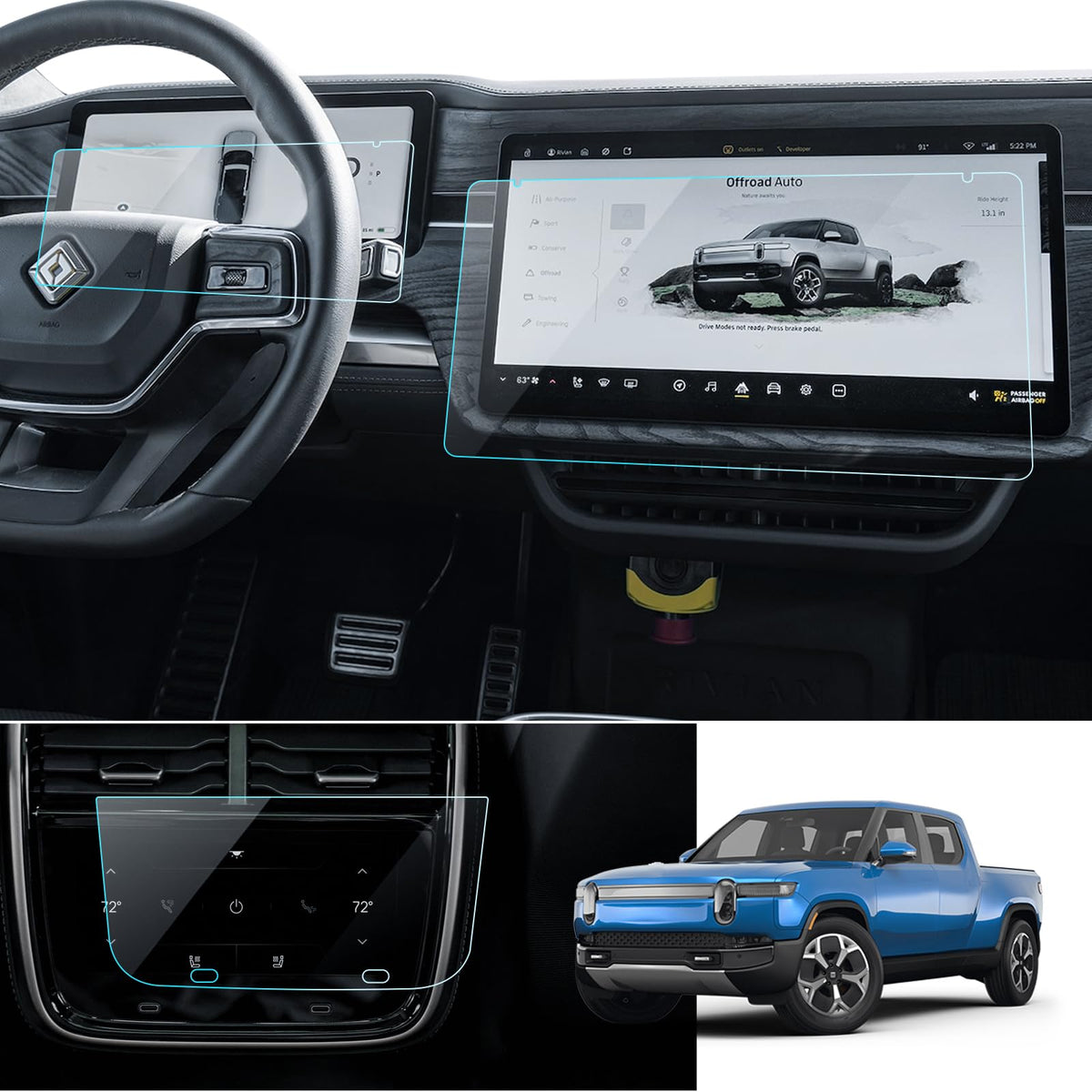 Lantu 3 Pack Matte Screen Protector For 2022-2024 Rivian R1T/R1S Accessories Tempered Glass Anti-Glare Infotainment Screen & Ins