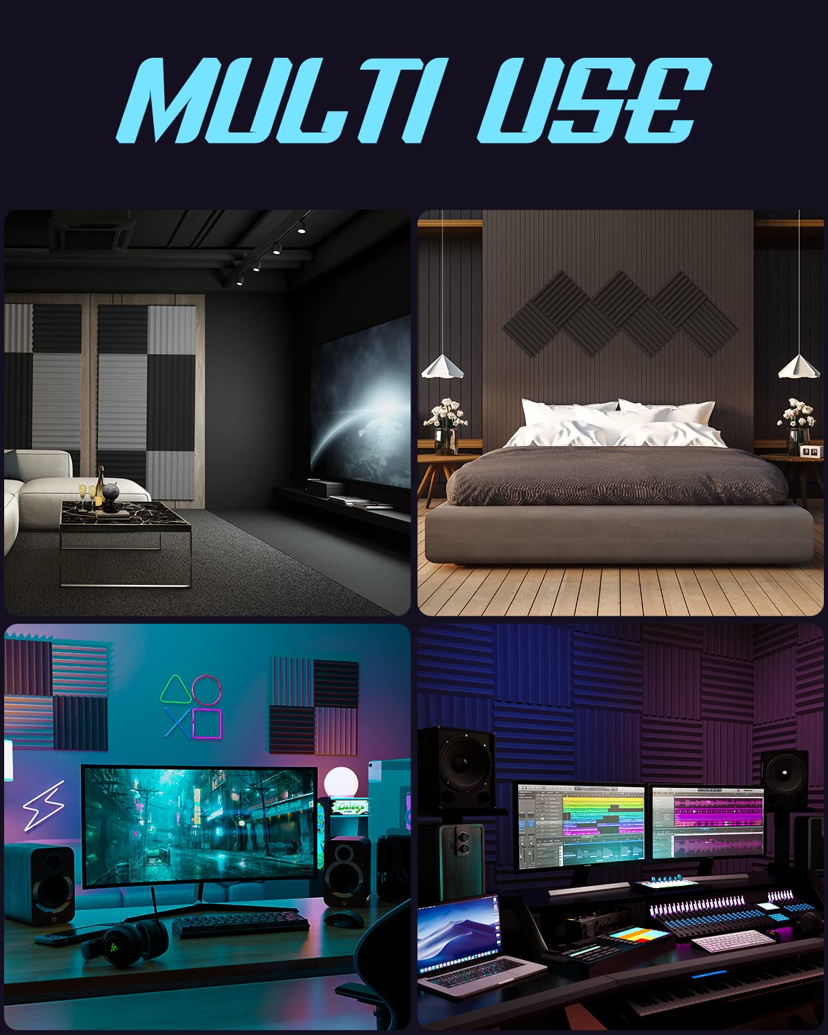 Leiyer Upgrade 12 Pack Sound Proof Foam Panels With Self Adhesive, 1'' X 12'' X 12'' Quick Recovery Acoustic Panels, Acoustic Fo