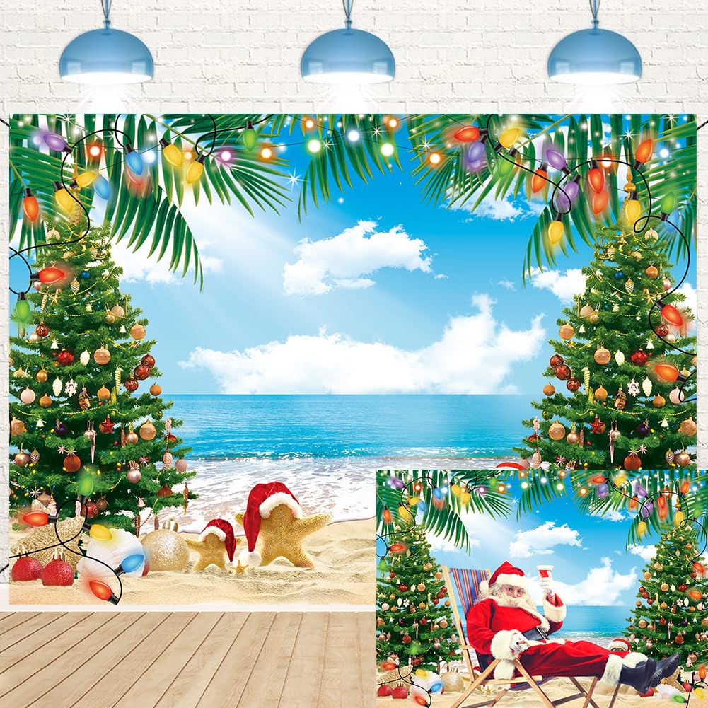 July Christmas Backdrop 7X5Ft Summer Beach Christmas Tree Decoration Photography Background Tropical Hawaiian Party Supplies Pho