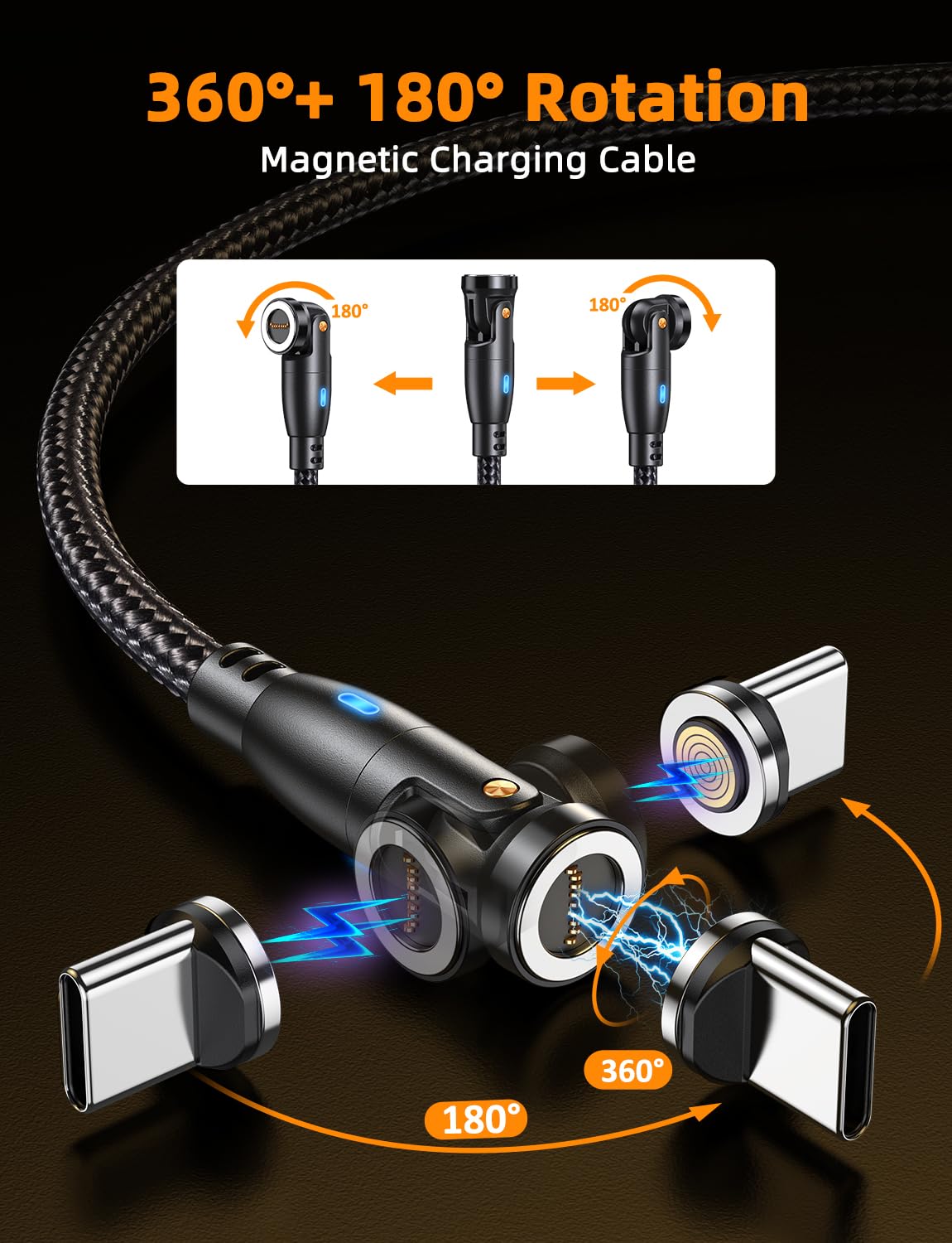 VAFOTON 100W USB C Magnetic Charging Cable (2Pack, 3.3ft/6ft) - 360°/180° Rotation, Compatible with Samsung Galaxy & MacBook