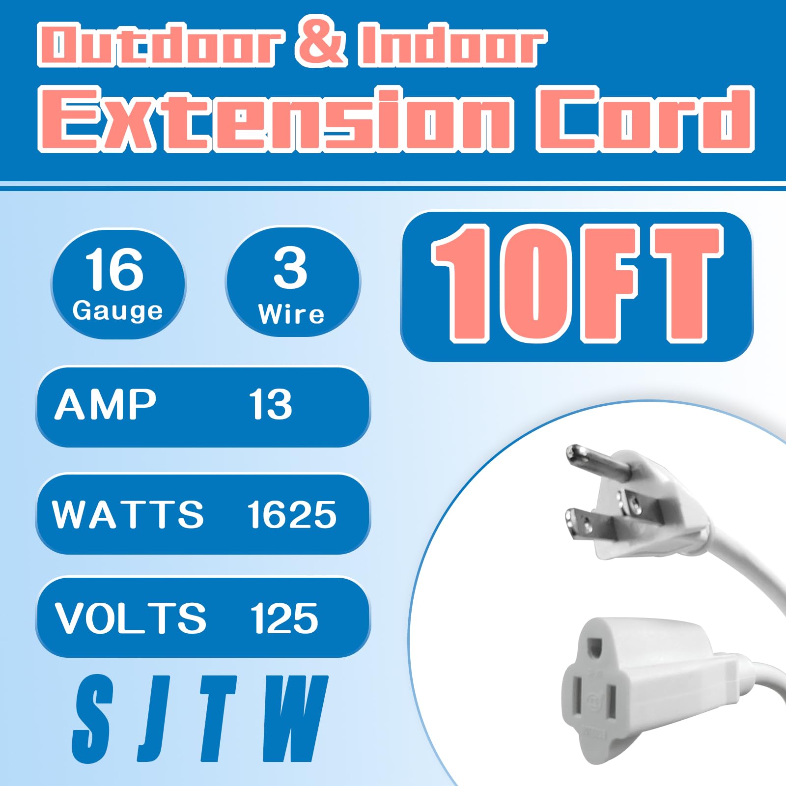 Greatide Indoor Outdoor Extension Cord 10 Ft, 16/3 Sjtw Weatherproof White Electrical Cords, 13 Amp Heavy Duty 3 Prong Power Cab