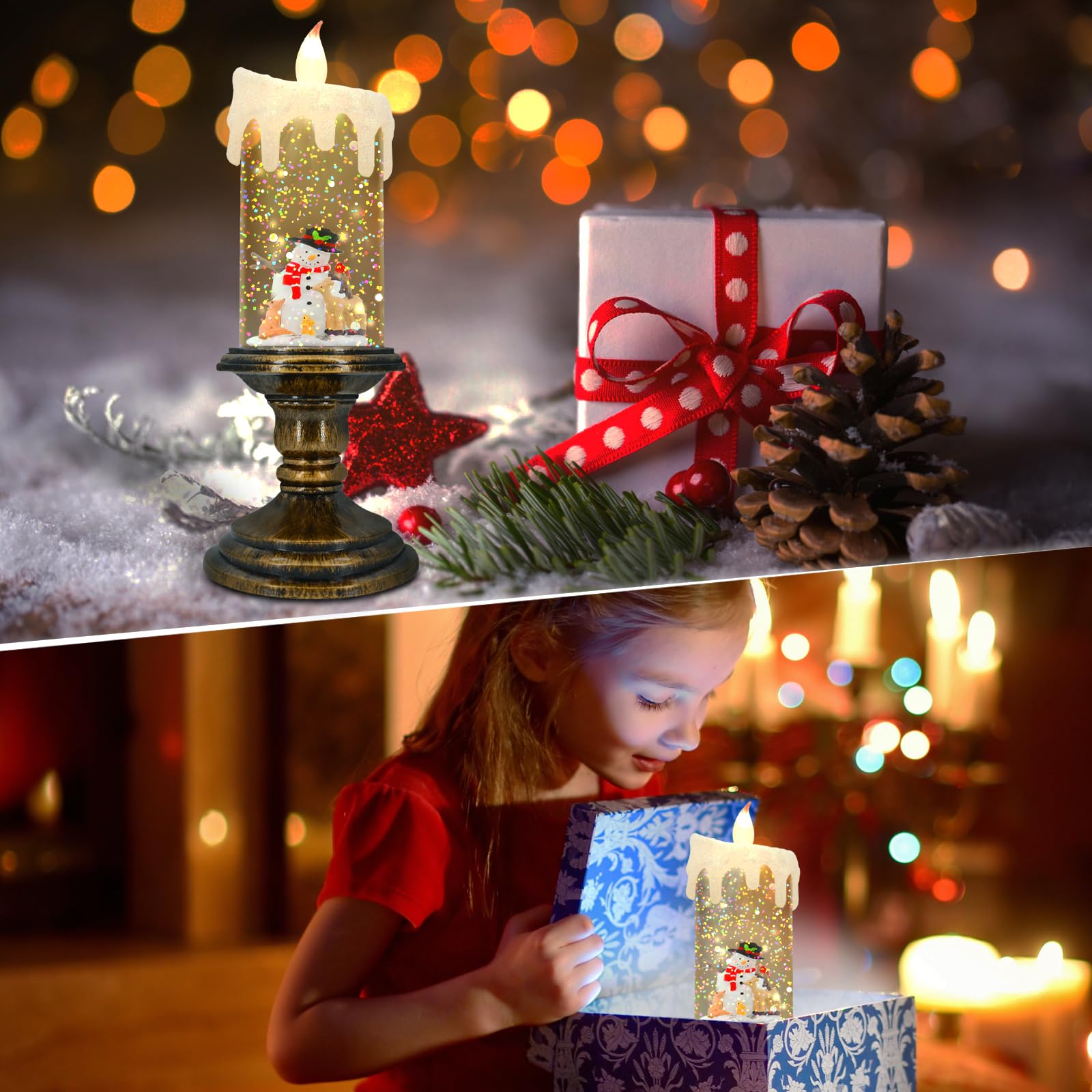 Aomil Christmas Flameless Candles, Flickering Flameless Candles With Timer, Christmas Led Candles Battery Operated, Snow Globe C
