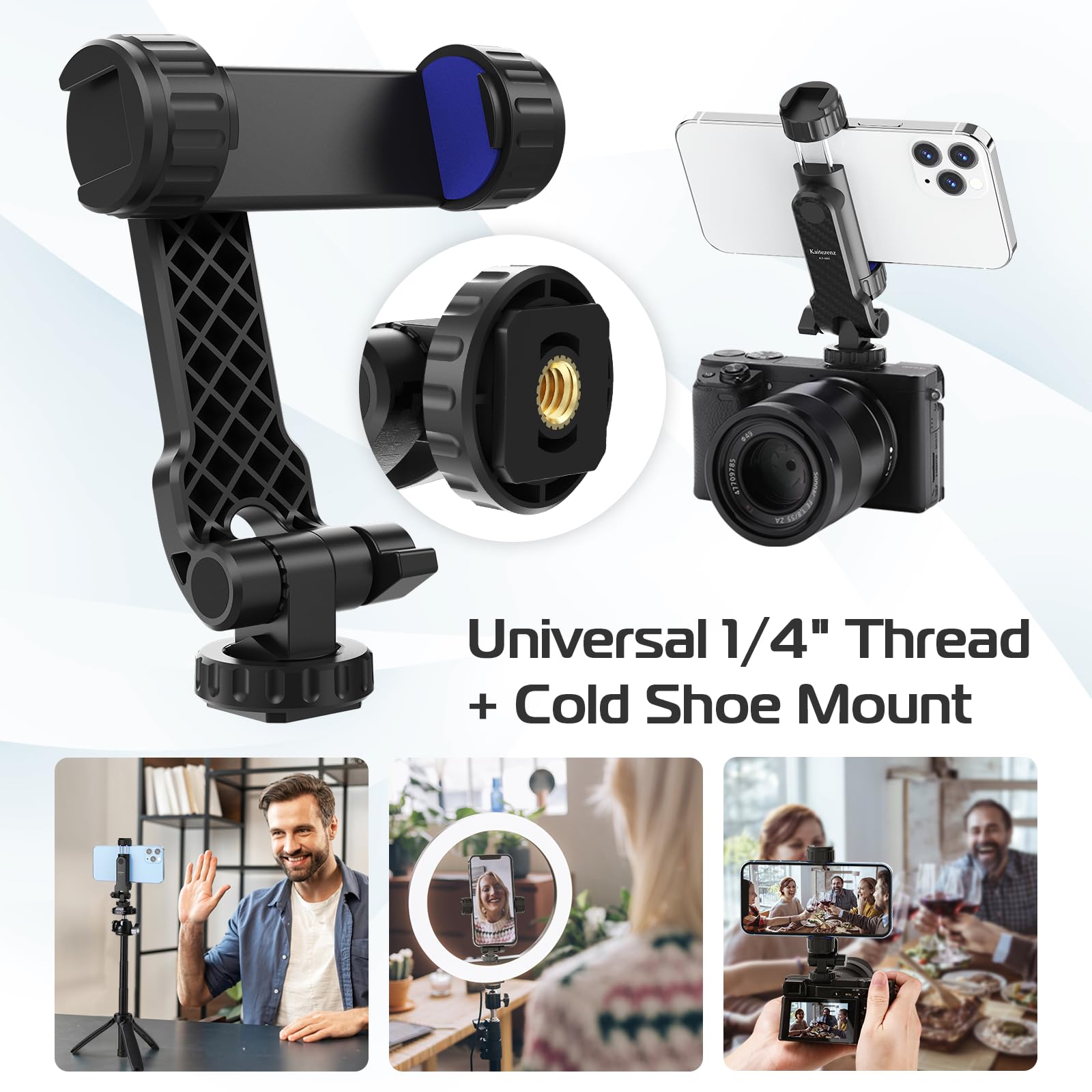 Kaitezenz Cell Phone Tripod Mount, Universal Tripod Phone Mount With 2 Cold Shoes, 360 Rotates 180 Tilts Camera Hot Shoe Phone M