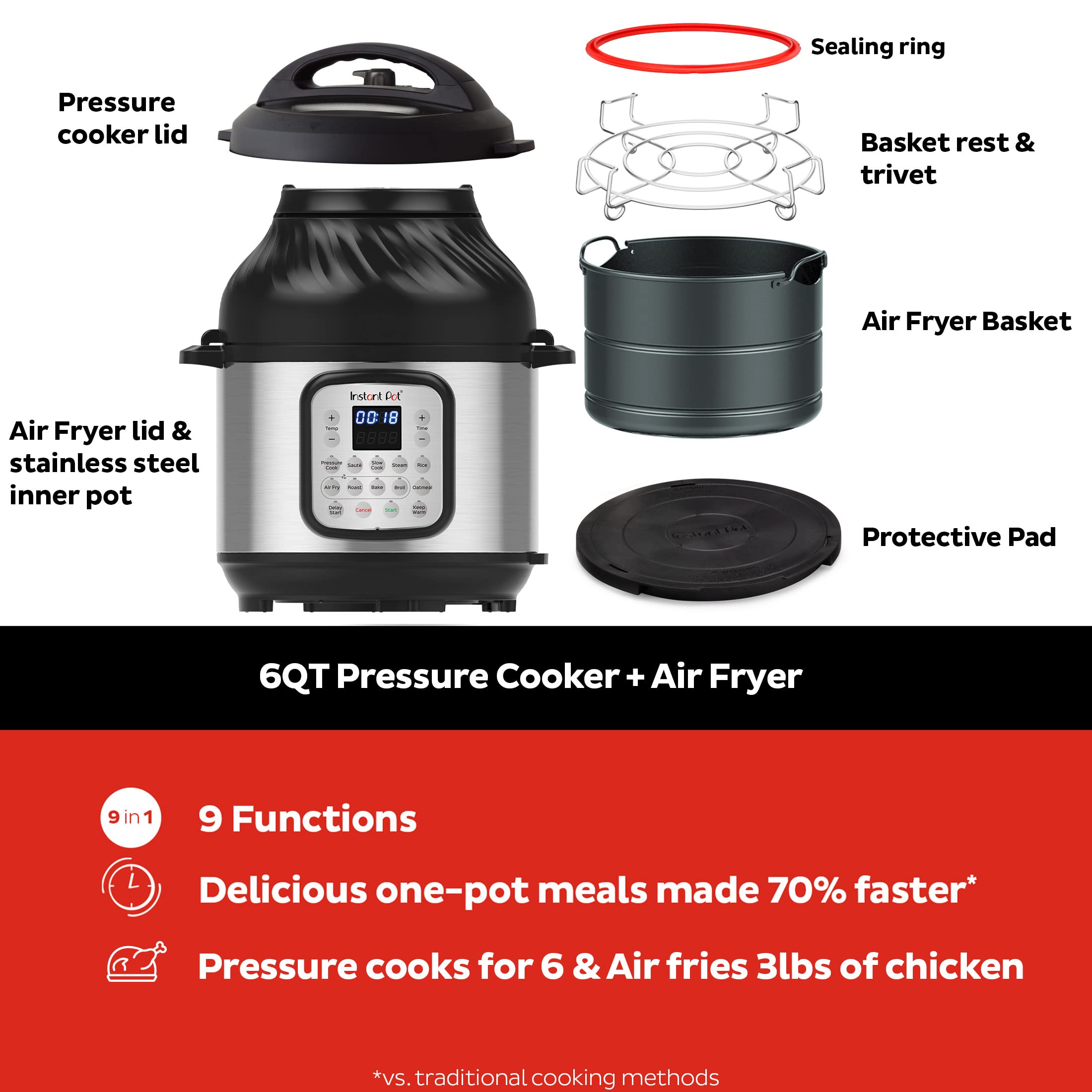Instant Pot Duo Crisp 9 In 1 Electric Pressure Cooker And Air Fryer Combo With Stainless Steel Pot, Pressure Cook, Slow Cook, Ai