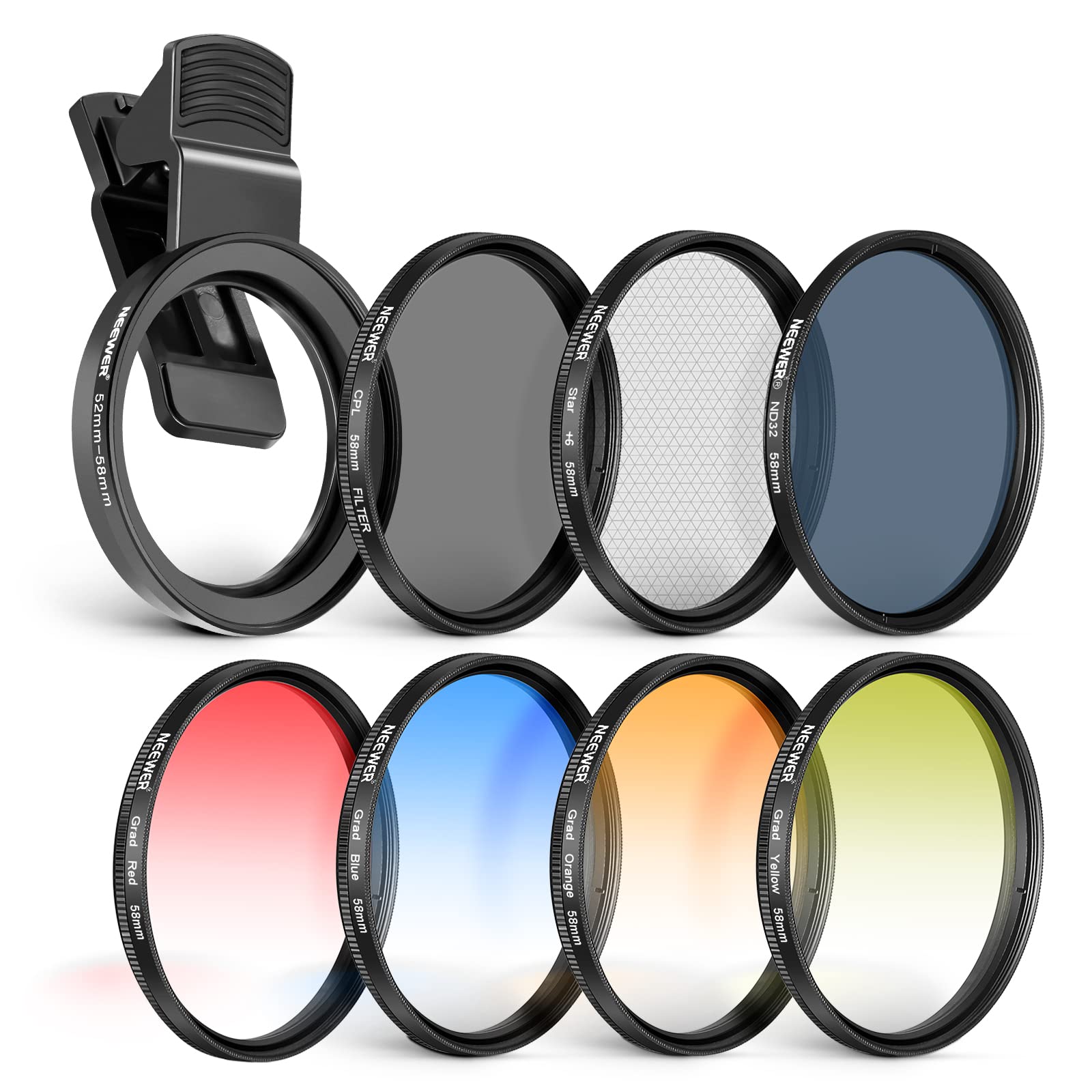 Neewer Filter Kit, 58Mm Lens Clip, Cpl, Nd32, 6 Point Star, 4 Graduated Color (Red, Orange, Yellow, Blue), Compatible With Iphon