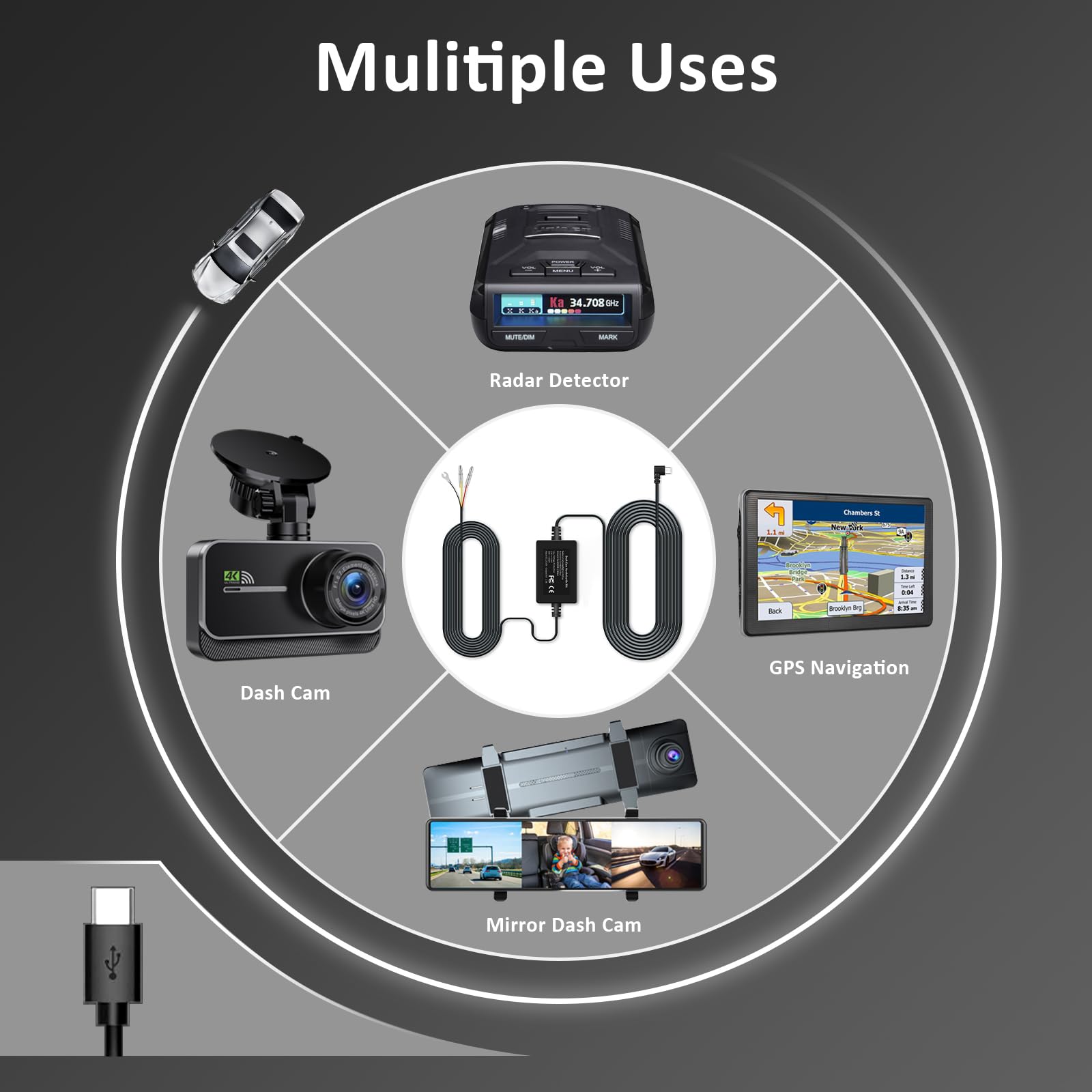 Gmaipop Type C Dash Cam Hardwire Kit, 11.5Ft Hard Wire Kit For G900, Low Voltage Protection For Parking Mode, Converts 12V   24V