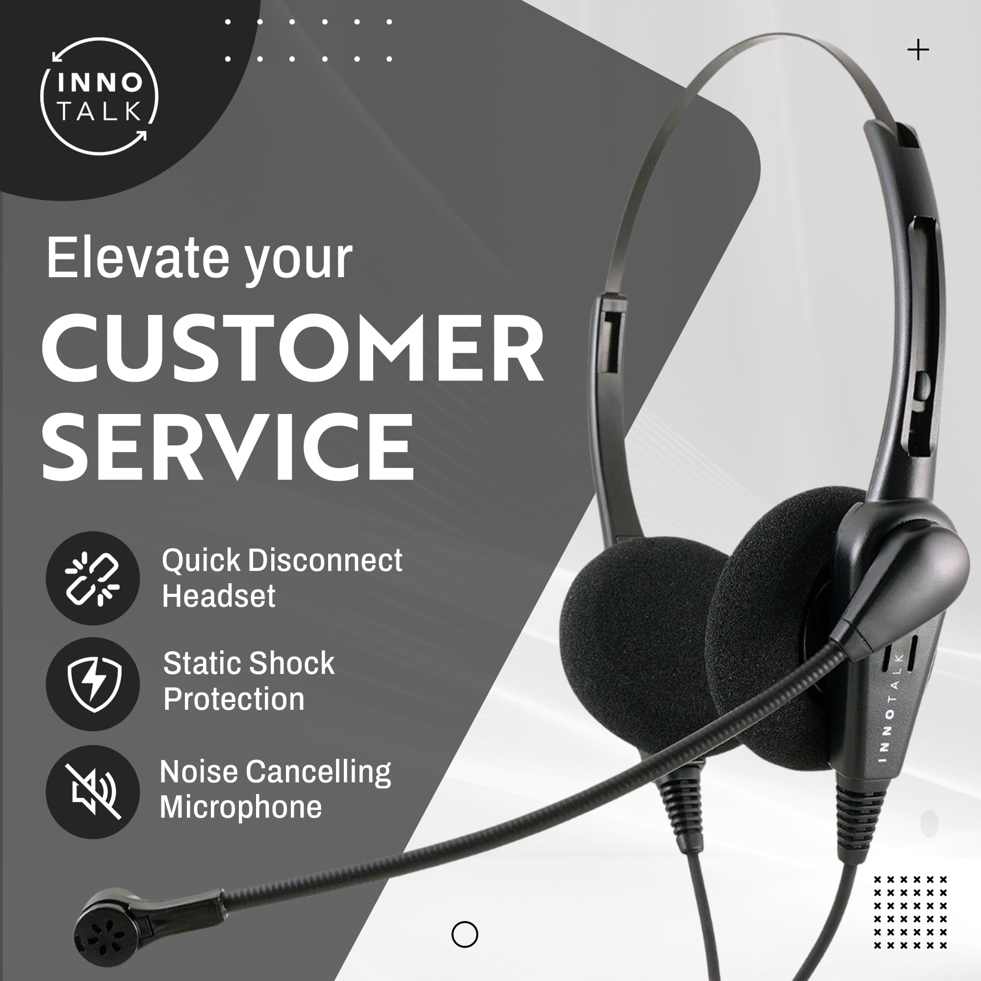 Innotalk   Rj9 Classic Binaural Office Phone Headset & Qd Pigtail Adapter With Noise Canceling Mic, Call Center Phone Headset, H