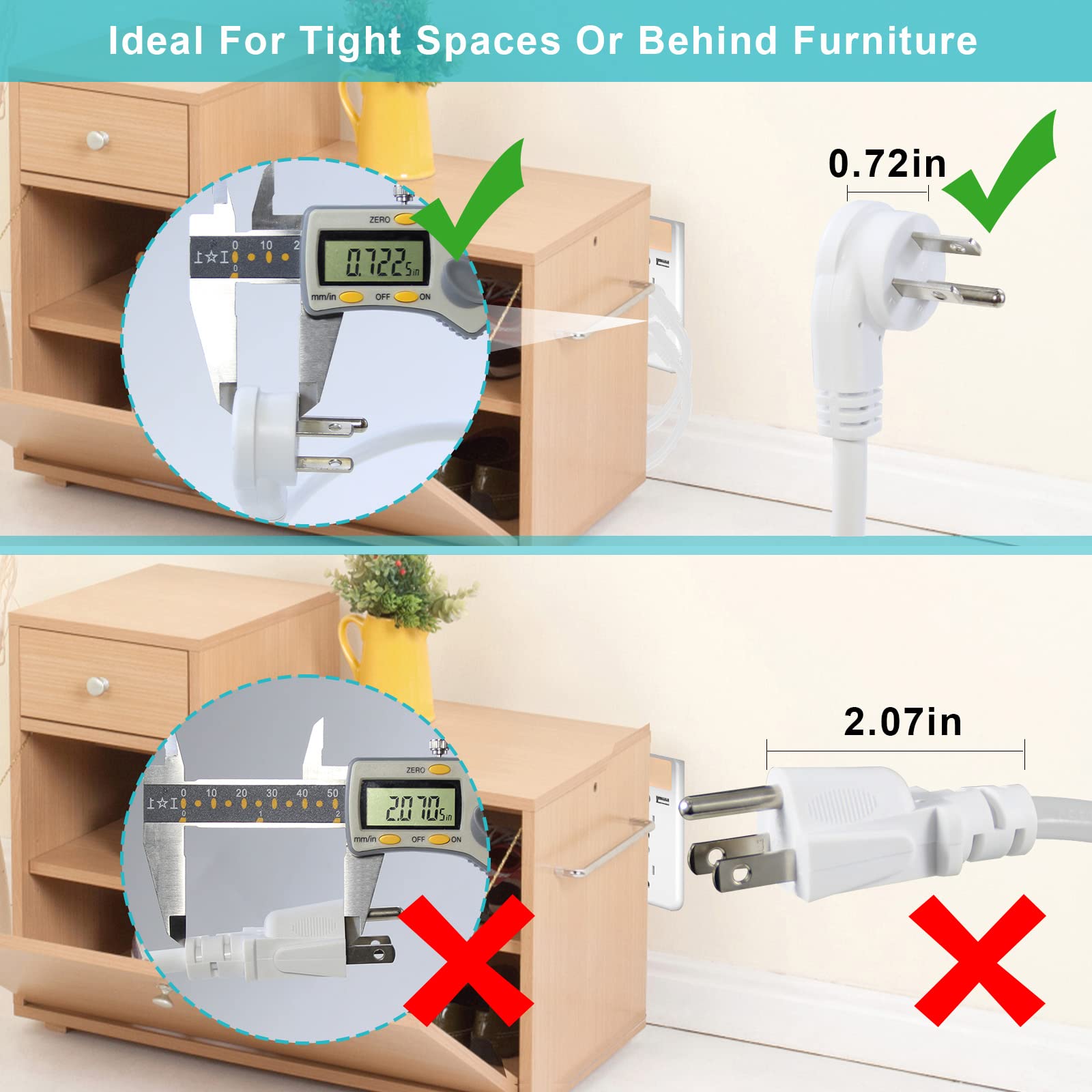 Short Flat Plug Extension Cord 1 Foot  Low Profile Right Angle Flat Plug 1Ft Indoor Ac Extension Cord White Short 3 Prong Ground