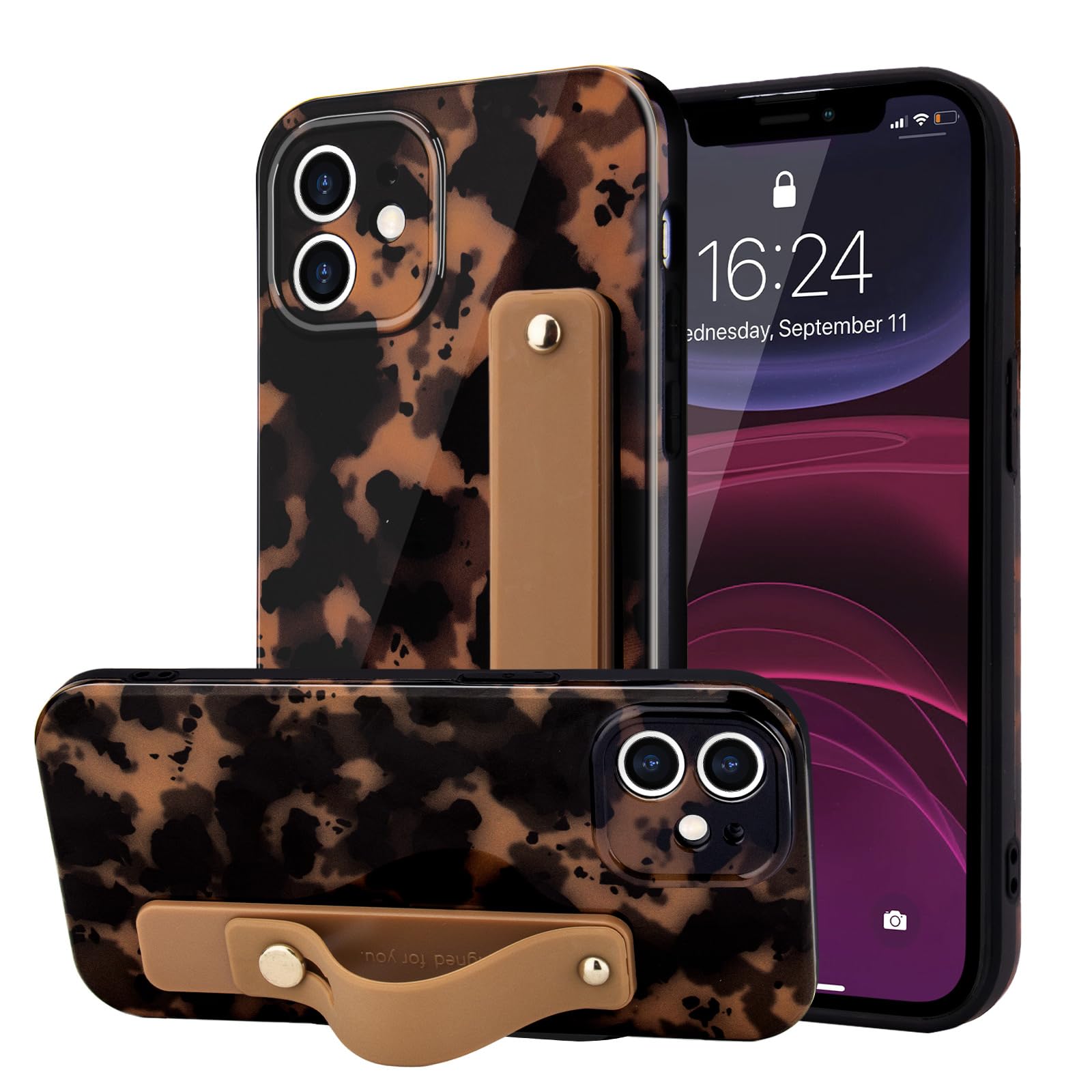LAPOPNUT for iPhone 11 Case with Wrist Strap, Cheetah Leopard Tortoise Shell Print Shockproof Soft TPU Protective Case Women Gir