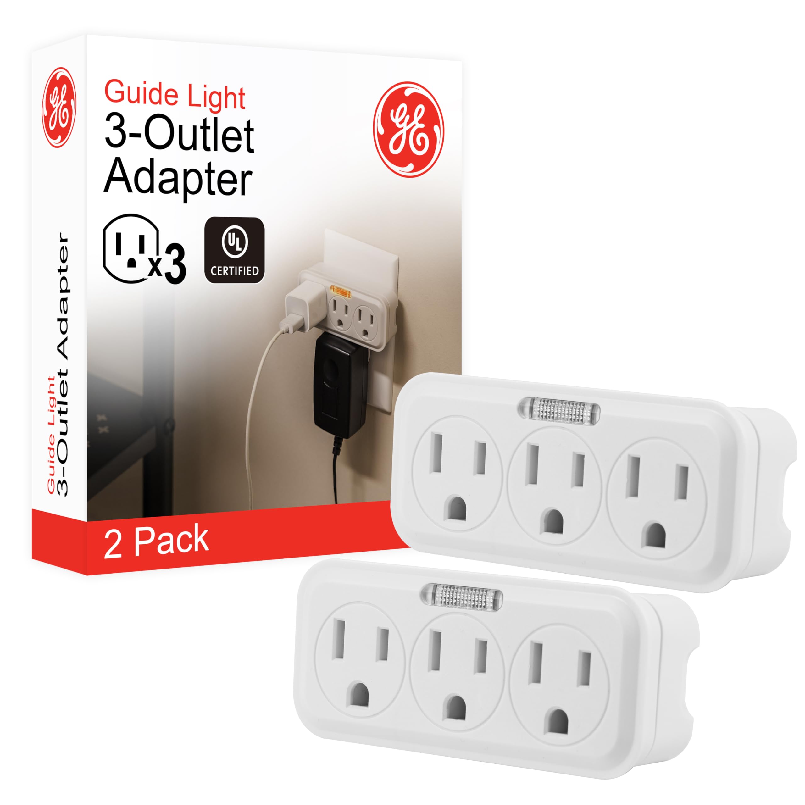 Ge 3 Outlet Extender Wall Tap With Guide Light 2 Pack, Grounded Adapter, 3 Prong, Cruise Essentials, Indoor Rated, Use For Home