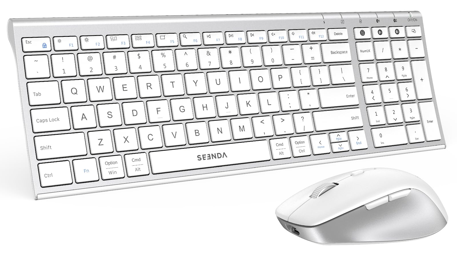 seenda COE401 Bluetooth Keyboard Mouse Combo, Rechargeable, White Silver