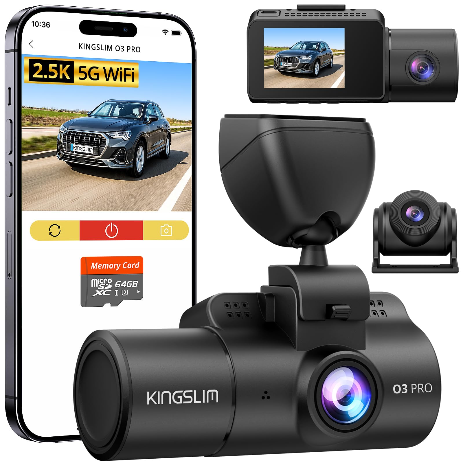 Kingslim 3 Channel 5G Wifi Dash Cam With 64Gb Card, 2.5K/1080P Front And Rear Inside Dashcam, 2.5K/1080P/1080P Three Way Dash Ca
