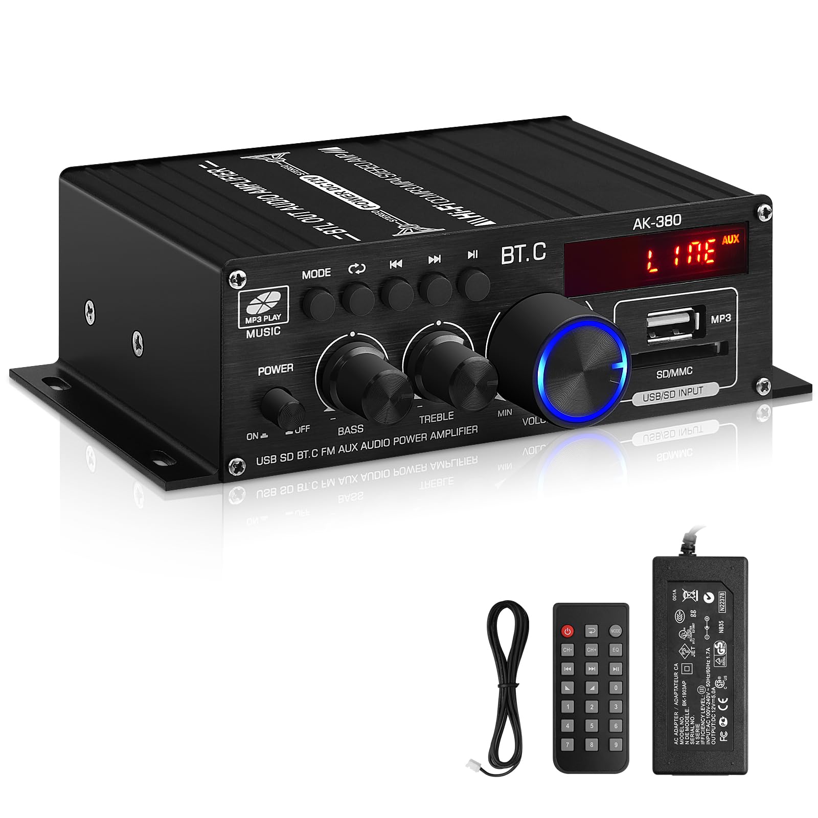 Ak 380 Usb Sd Bt.C Fm Aux Audio Power Amplifier 400W+400W 2.0 Ch Hifi Stereo Amp Speaker Bluetooth 5.0 Amp Receiver With 12V 5A