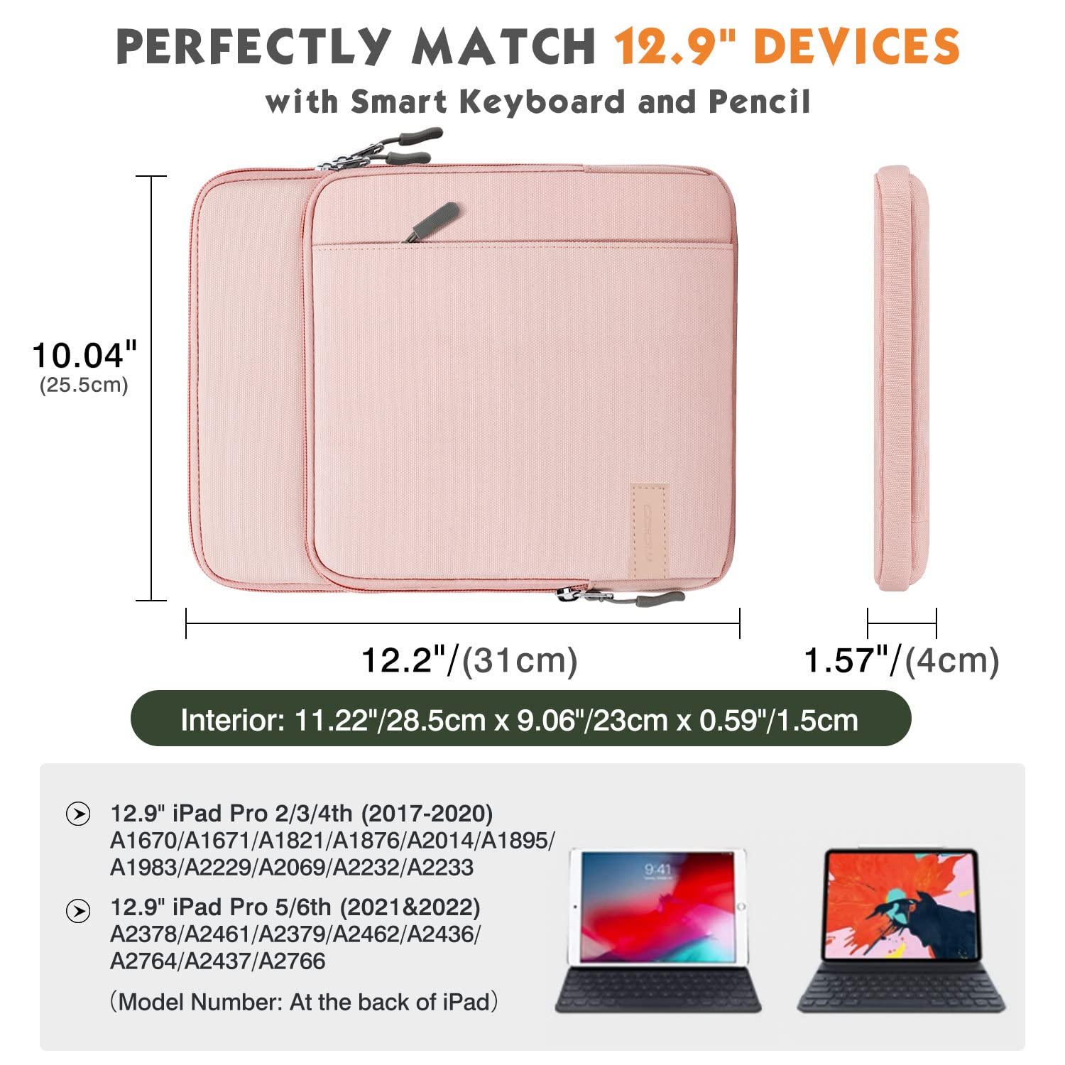 MoKo 12.9 Inch Tablet Sleeve Bag Carrying Case with Pockets Fits 13 Inch New iPad Pro M4 & Air M2 2024, iPad Pro 12.9 M2&M1, Surface Laptop Go 12.4', Galaxy Tab S8+/S9+ 12.4', Pink
