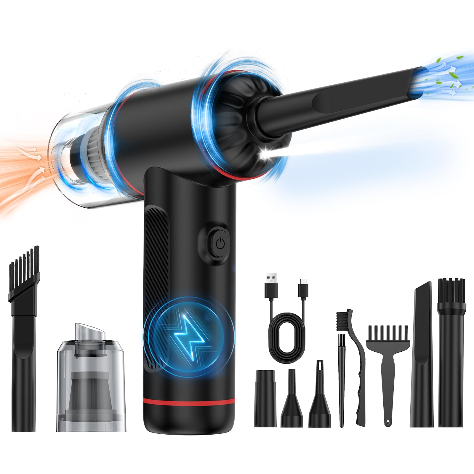 Compressed Air Duster, 3 In 1 Cordless Electric Air Duster, Vacuum & Inflate Swimming Ring, 3 Gear Adjustable 100,000Rpm Handheld Mini Car Vacuum Cleaner & Keyboard Air Blower With Led Light (Black)