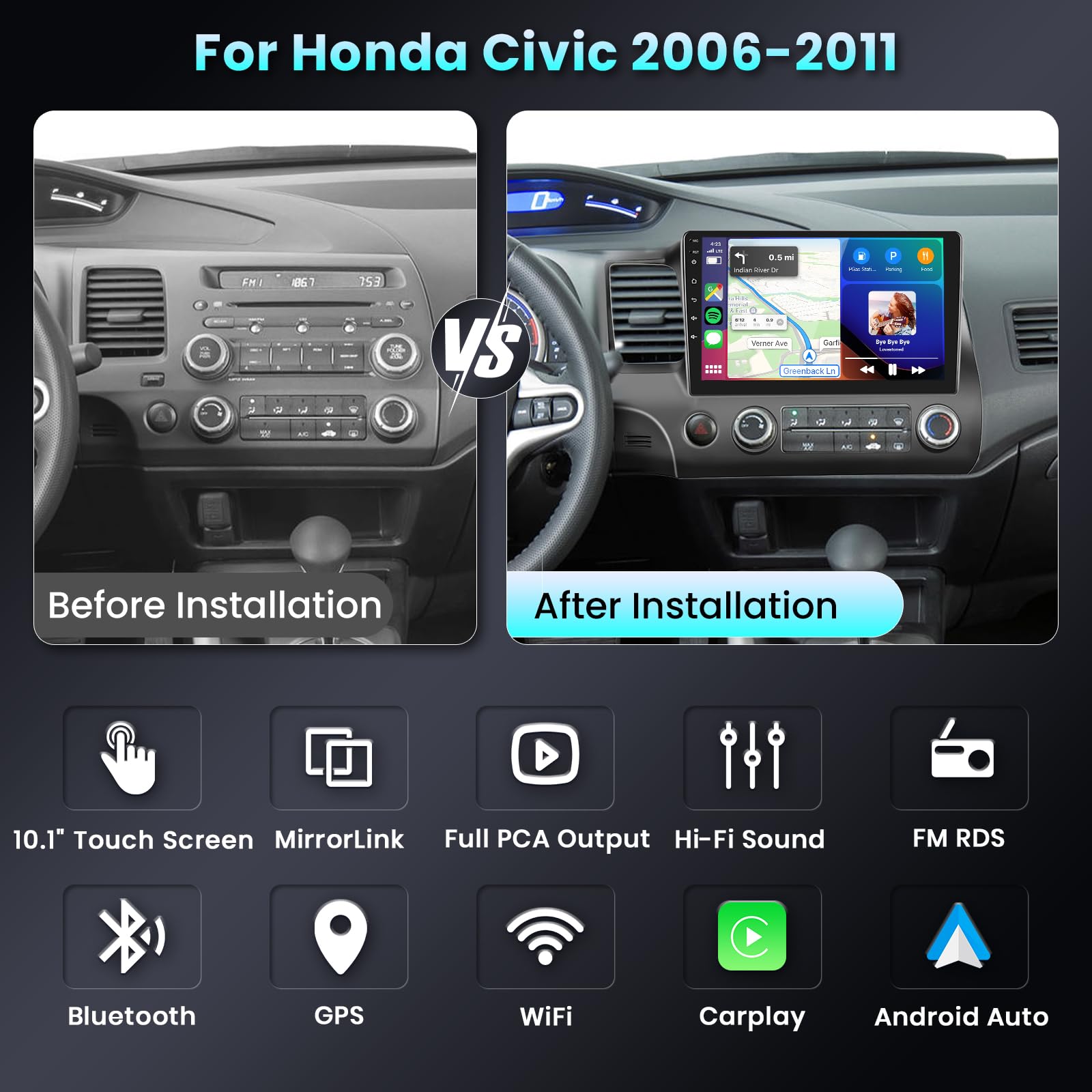Podofo ?Hifi 16Eq? 2G 64G Car Stereo Radio For Honda Civic 2006 2011 Carplay Android Auto Mirrorlink, 10.1 Inch 1080P Hd Ips Touch Screen Civic Car Radio Gps Wifi Rds Fm Radio Ahd Backup Camera