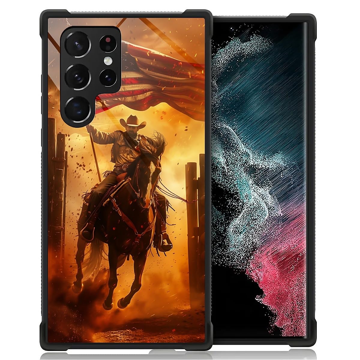 Carloca Compatible With Samsung Galaxy S22 Ultra Case, Horse American Flag Cowboy Pattern For Girl Ultra Protection Shockproof S