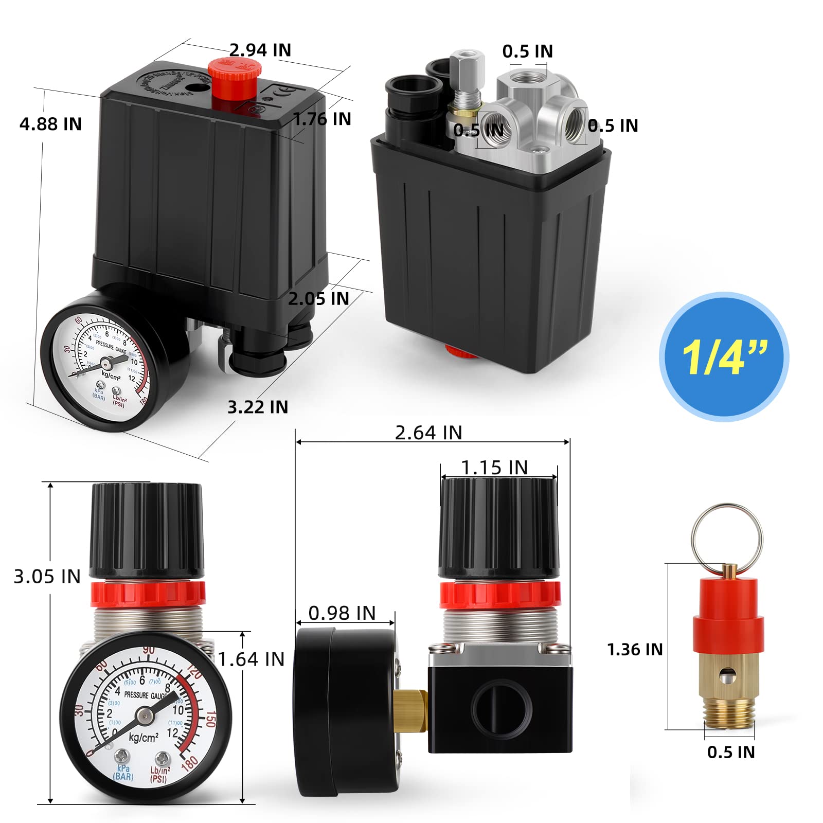 Meanlin Measure Air Compressor Pressure Switch Control Valve 90 120 Psi 110V 240V 4 Way Replacement Parts With 0 180 Psi Air Com