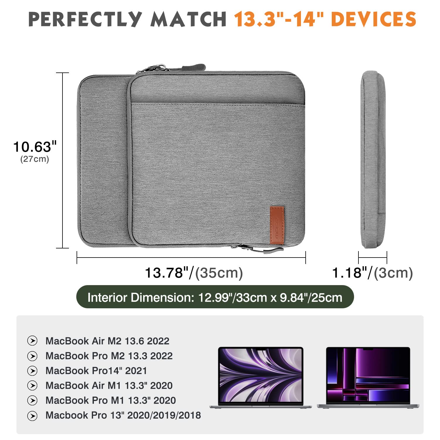 MoKo Laptop Sleeve Bag for 13.3 14 Inch, Notebook Carrying Case with Pocket Fits New MacBook Pro M3/M2 14' /13' M2/M1 Pro/M1 Max 14.2 2023 2021/Air 13.6' M2 2022, Surface Pro 9/8 13', Light Gray