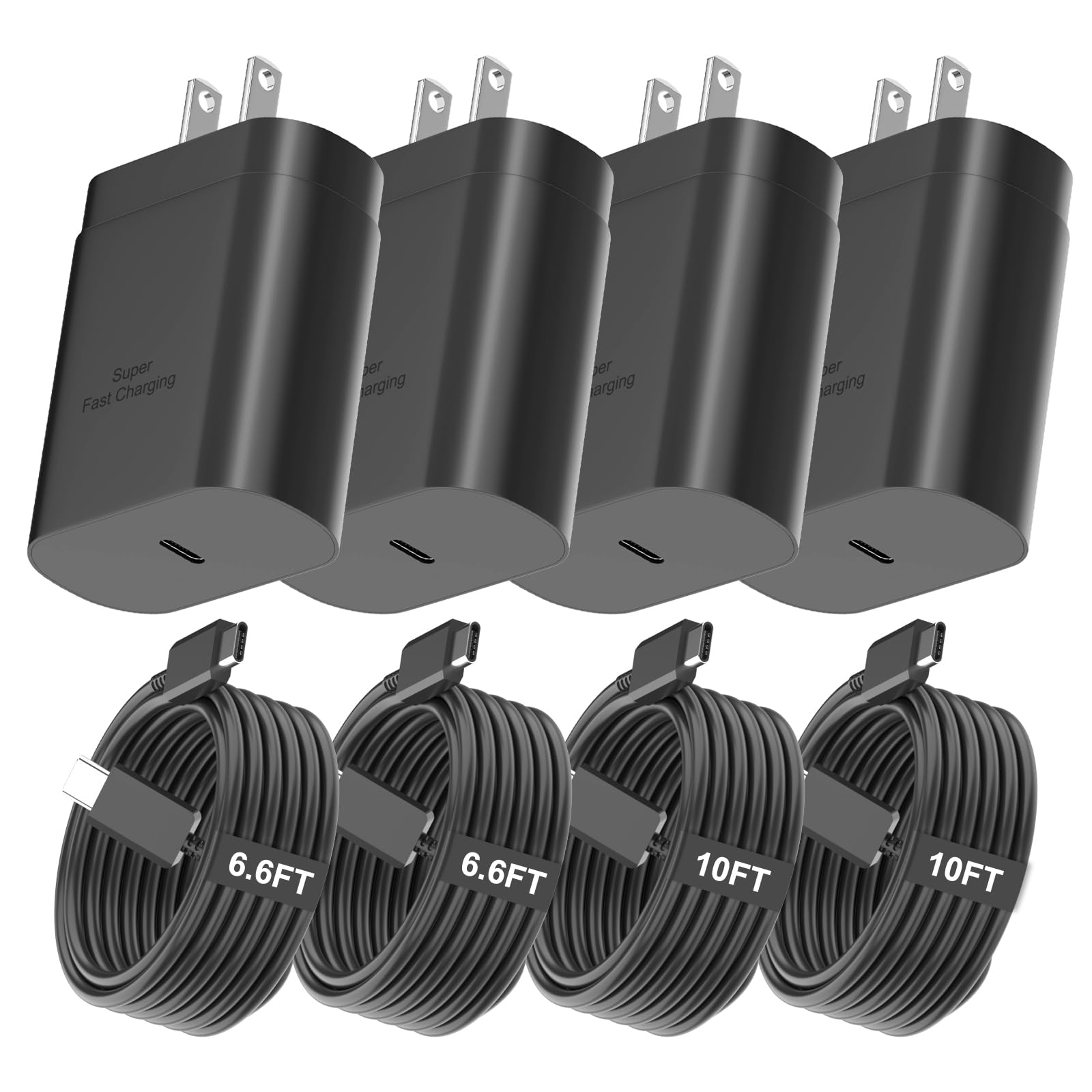 Samsung Super Fast Charger Type C, 4Pack 25W USB C Wall Charger Fast Charging Block &(6ft+10ft) x2 Long Android Type C Charger f
