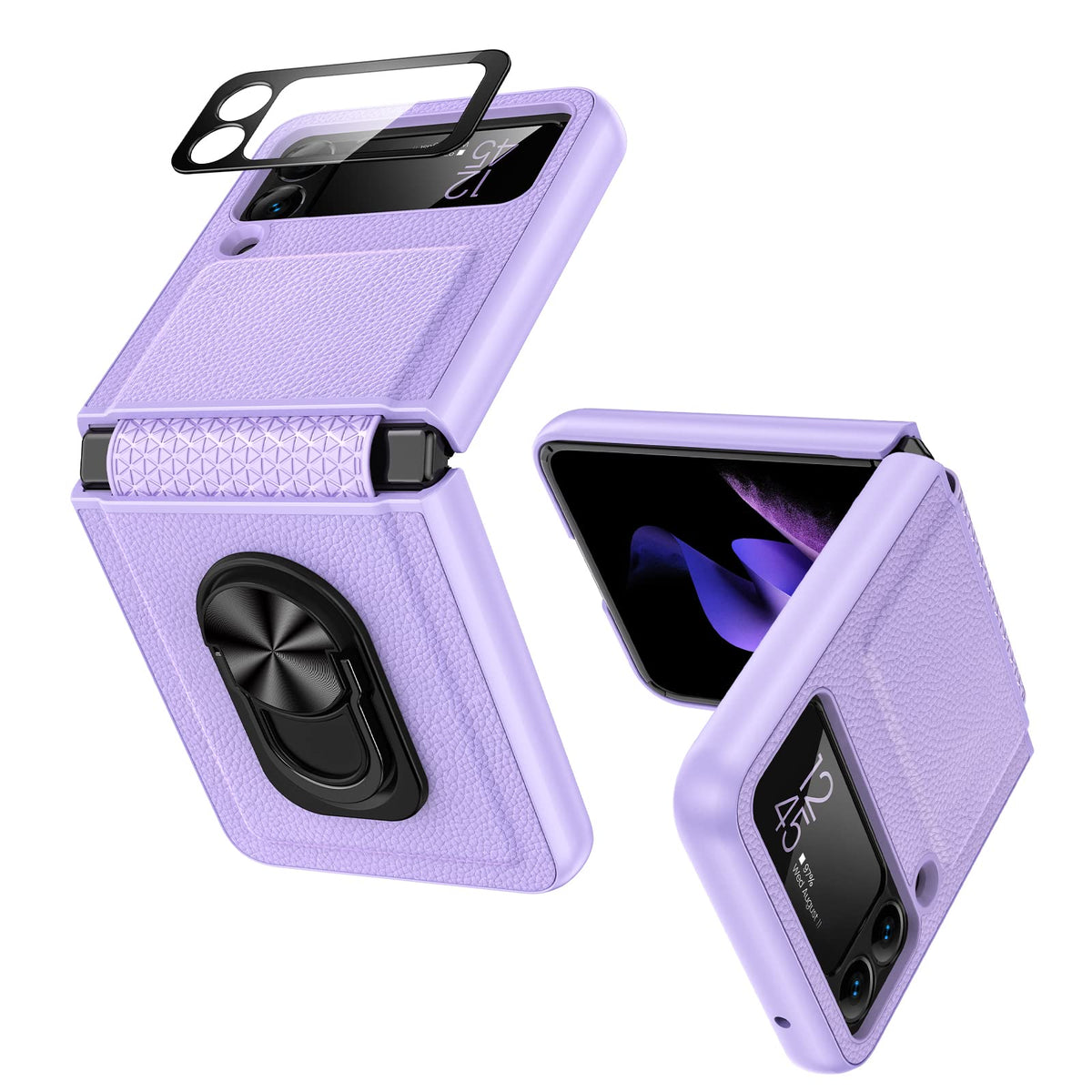 Vego For Galaxy Z Flip 3 Ring Stand Case, Z Flip 3 All Inclusive Cover Case With Hinge Protection And Glass Camera Lens Screen P