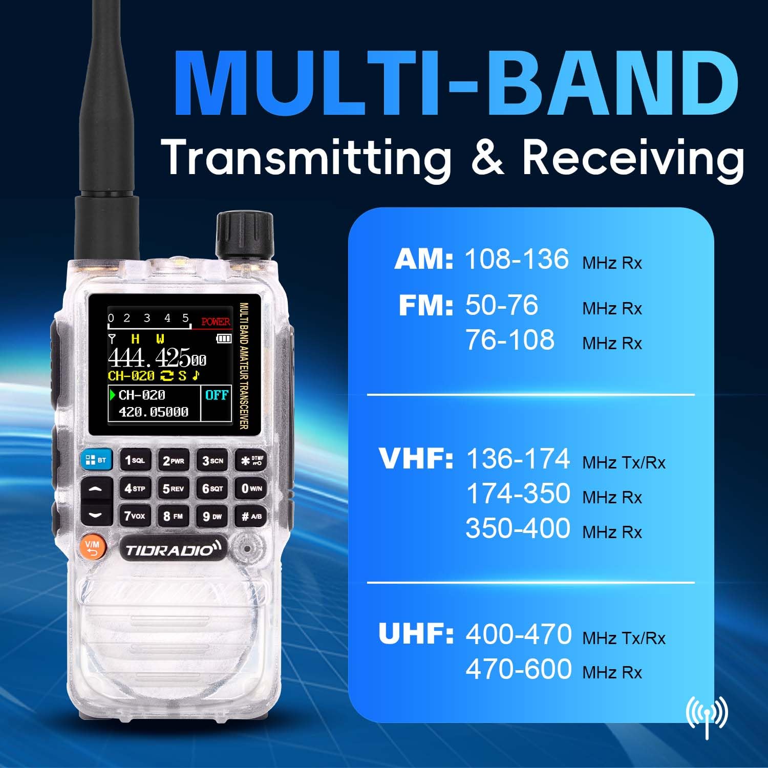 Tidradio Td H3 Ham Radio (Crystal) Multi Band Long Range 2 Way Radio,Usb C Programming & Charging,2500Mah Battery,Dtmf Fm Am Noa