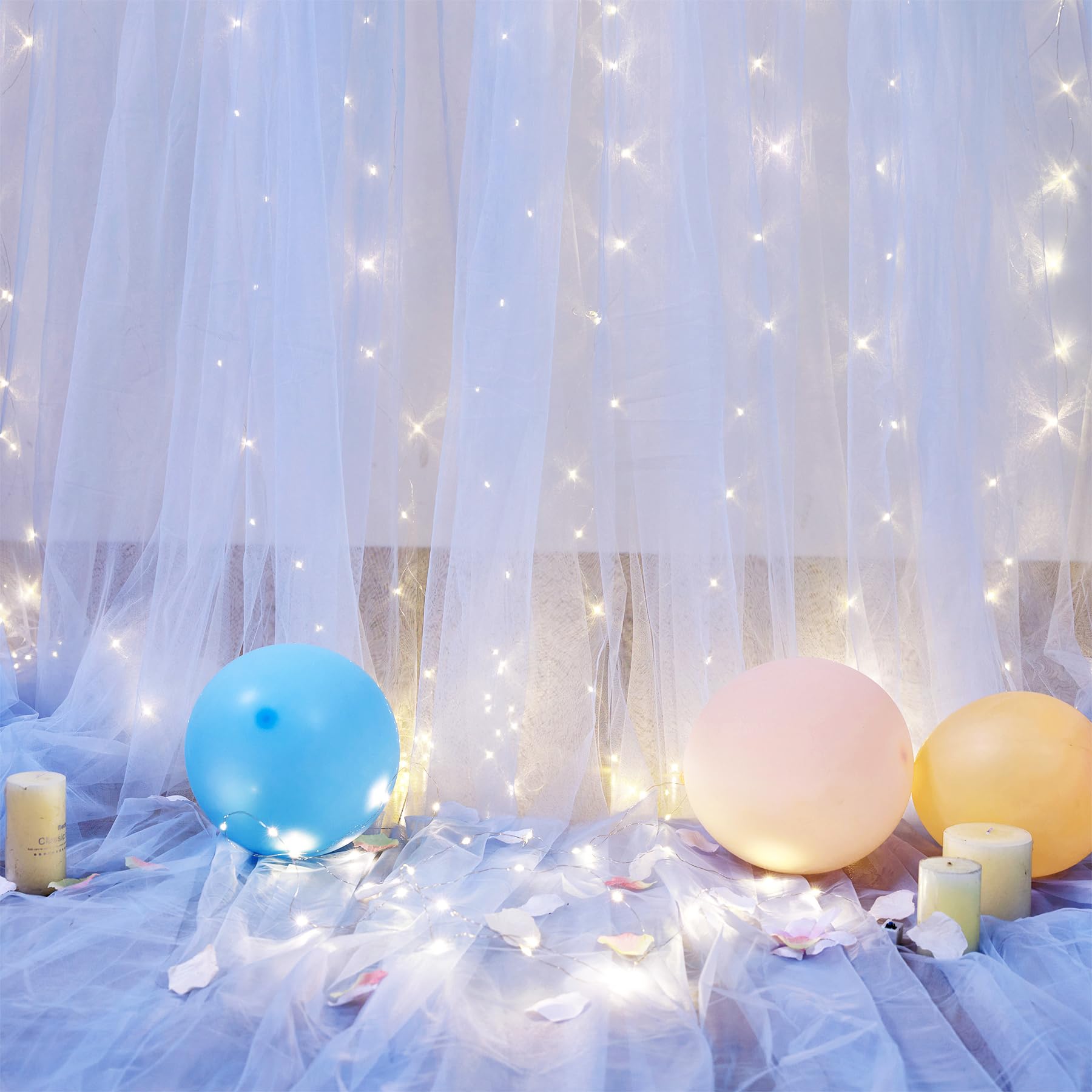 Baby Blue Sheer Tulle Backdrop Curtains With Lights String For Parites Baby Shower Decorations For Boy Bridal Shower Birthday Pa