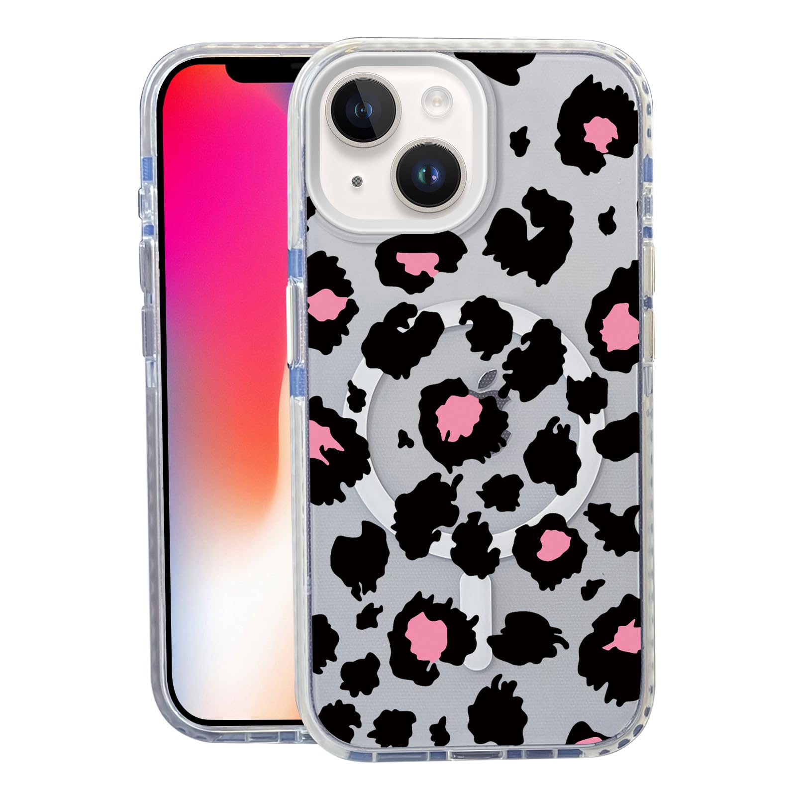 Nimeey Black Pink Leopard for iPhone 15 Case,MagSafe Compatible,Matte Soft Slim Shockproof Cover,Anti-Fingerprint,Anti-Yellowing