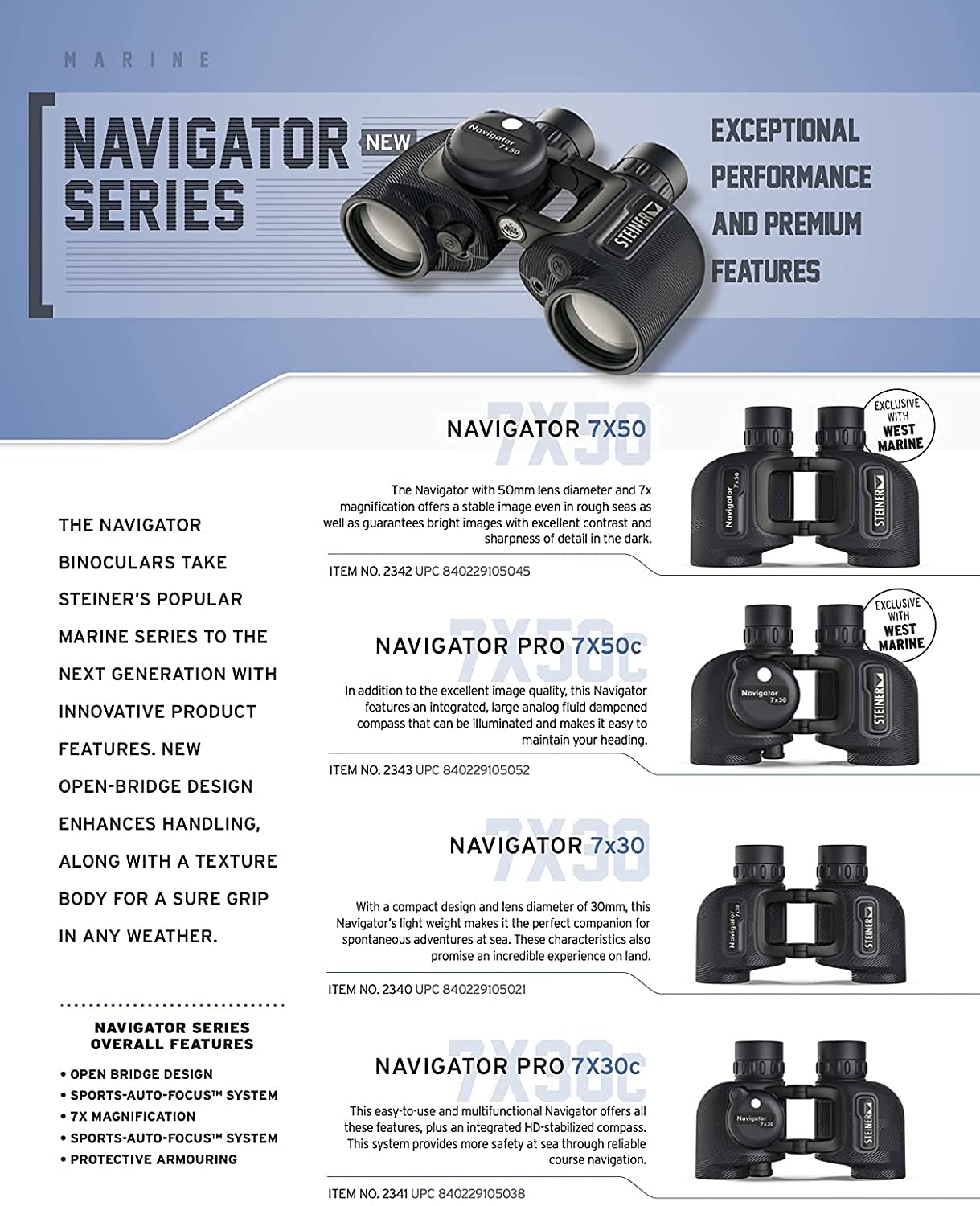 Steiner 7X30 Navigator Marine Binoculars With Open Bridge Design And Sports Auto Focus, With Compass