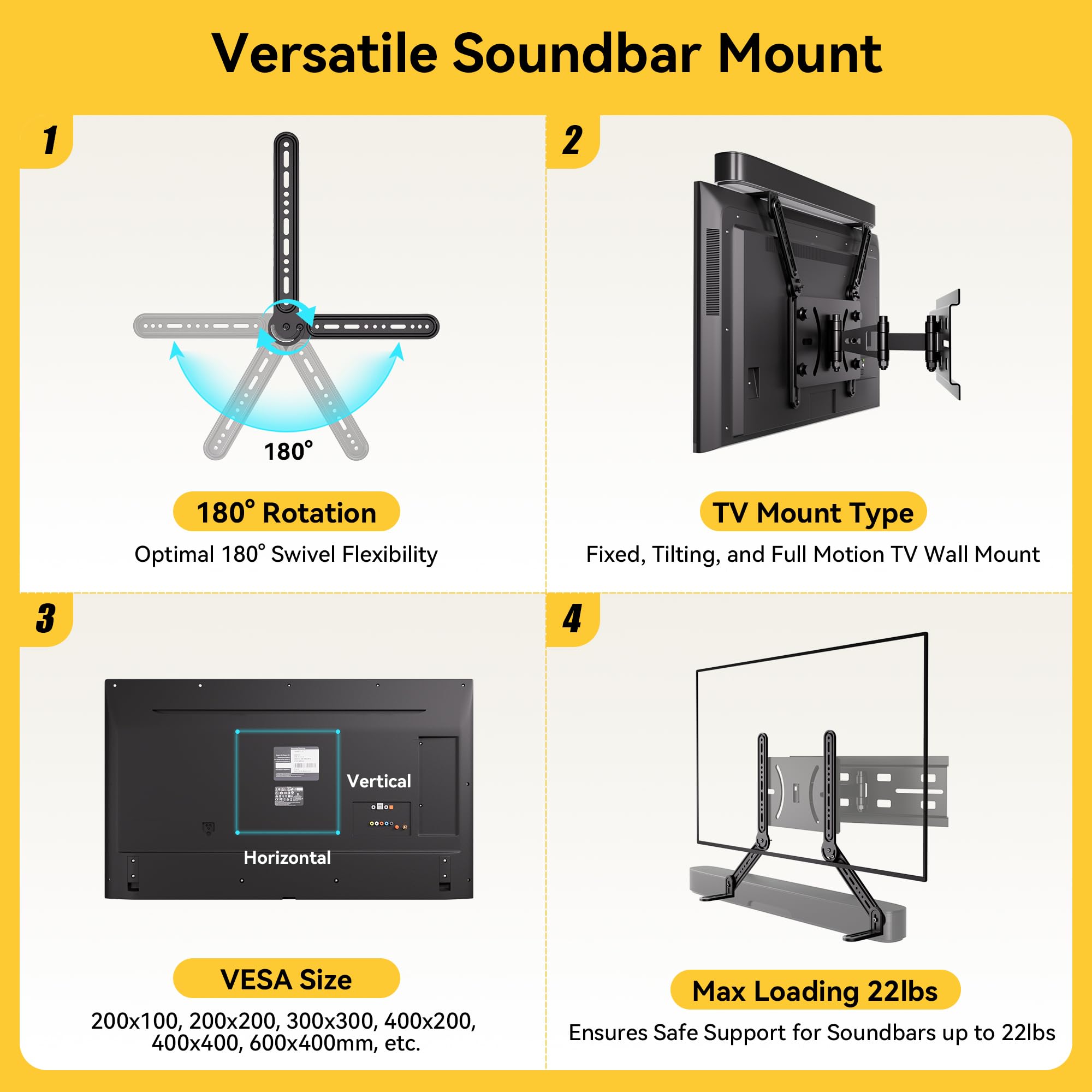 Ezise Soundbar Mount For Mounting Above Or Under Tv, Sound Bar Bracket Fits Most Sound Bars Up To 22 Lbs, Soundbar Tv Mount With