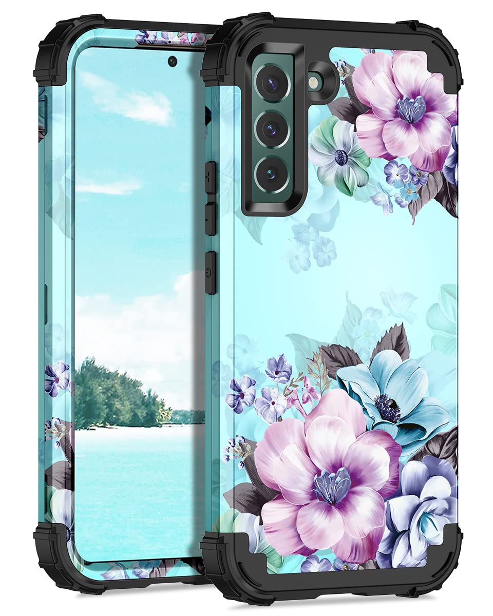 Casetego Compatible With Galaxy S22 5G Case,Floral Three Layer Heavy Duty Sturdy Shockproof Full Body Protective Cover Case For