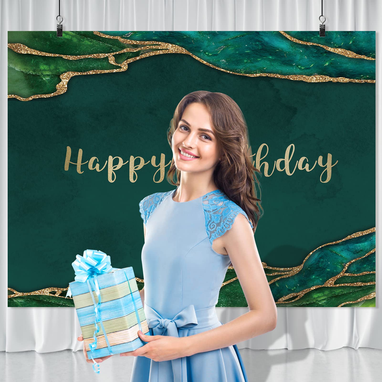 Rsuuinu Happy Birthday Backdrop Emerald Green And Gold Glitter Photography Background Birthday Party Banner For Women Man Cake T