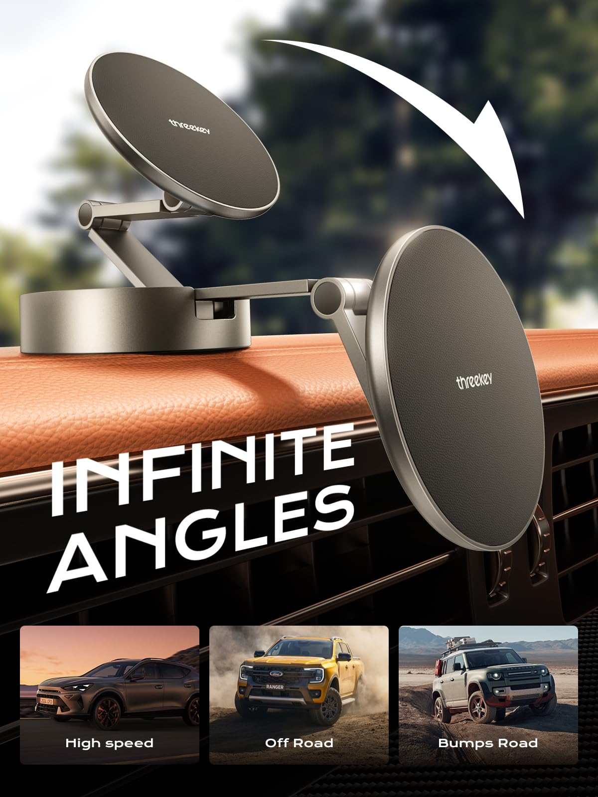 Threekey For Magsafe Car Phone Mount, Magnetic Phone Holder For Car With Metal Arm & 360Rotation, Strong Magnets Car Phone Holde