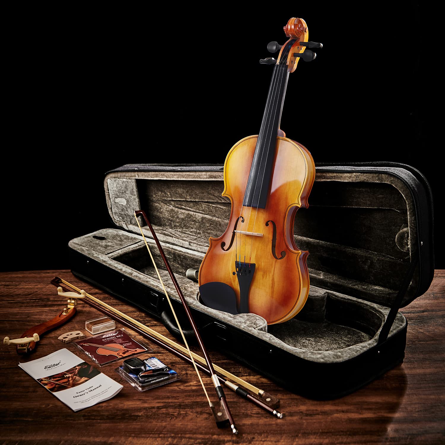 Eastar 4/4 Violin Set Full Size Fiddle Solidwood For Adults With Hard Case, Shoulder Rest, Rosin, Two Bows, Clip On Tuner And Ex