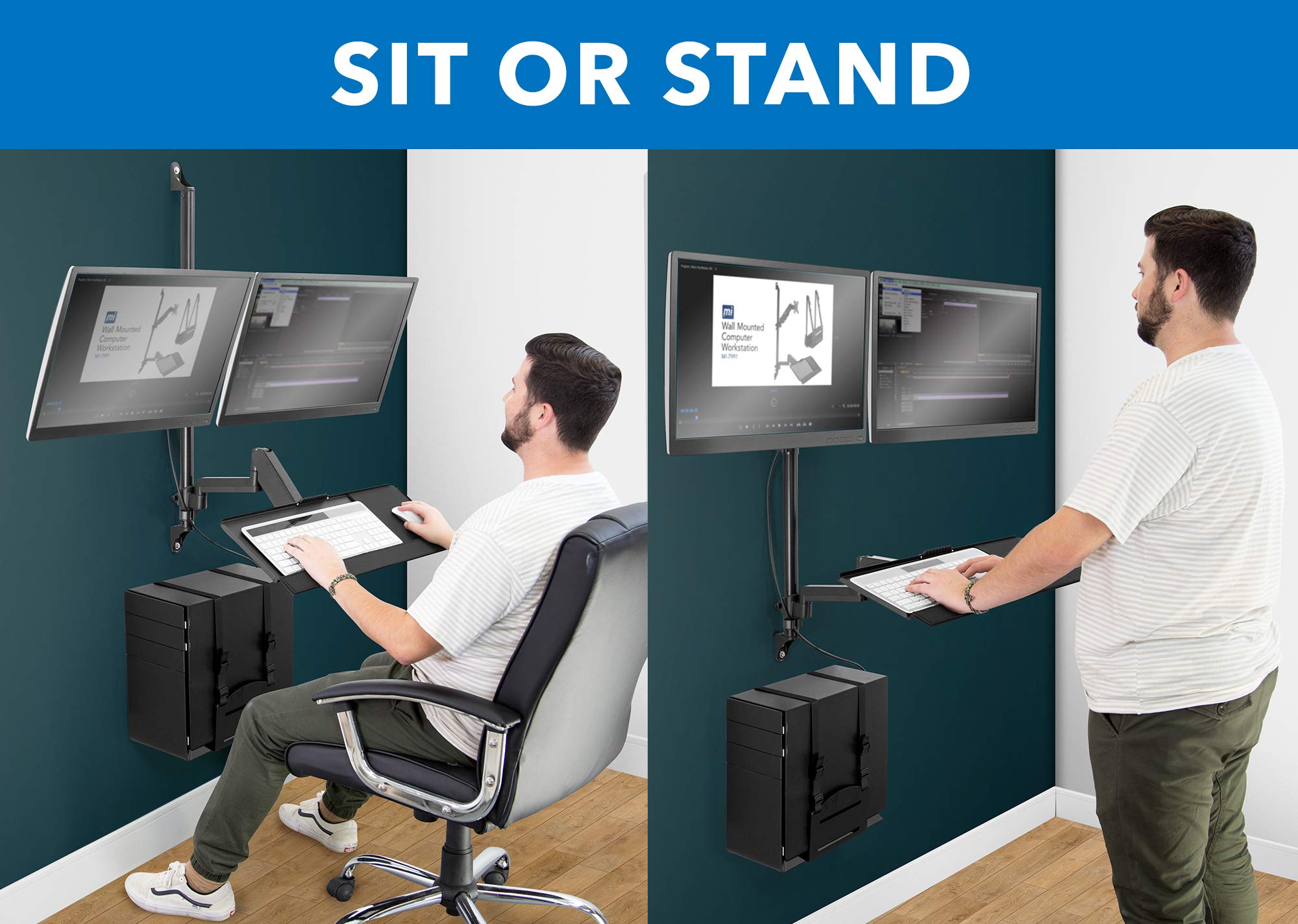 Mount It! Wall Mount Workstation with Dual Monitor Mount, Keyboard Tray and CPU Holder, Height Adjustable Full Motion Arms, Fits Two 32 Inch Computer Screens