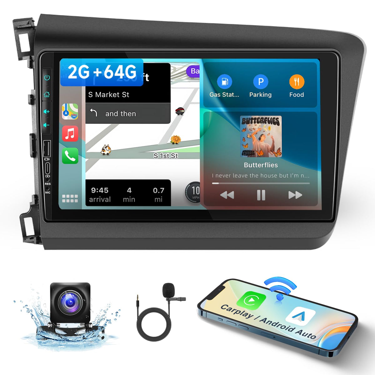 For Honda Civic 2012 2013 2014 2015 Android Car Stereo With Wireless Carplay Android Auto 2G+64G Wifi Gps Navigation Radio Player Android Auto 9” Touchscreen Audio Backup Camera Multimedia Head Unit