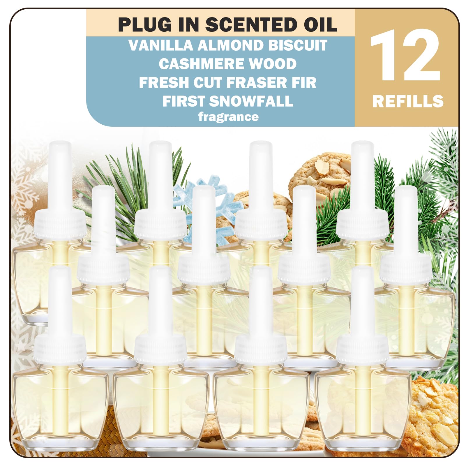 Plug in Scented Oil Refill, 12ct, Vanilla Almond Biscuit, Cashmere Wood, Fresh Cut Fraser Fir, First Snowfall, Essential Oils, 7