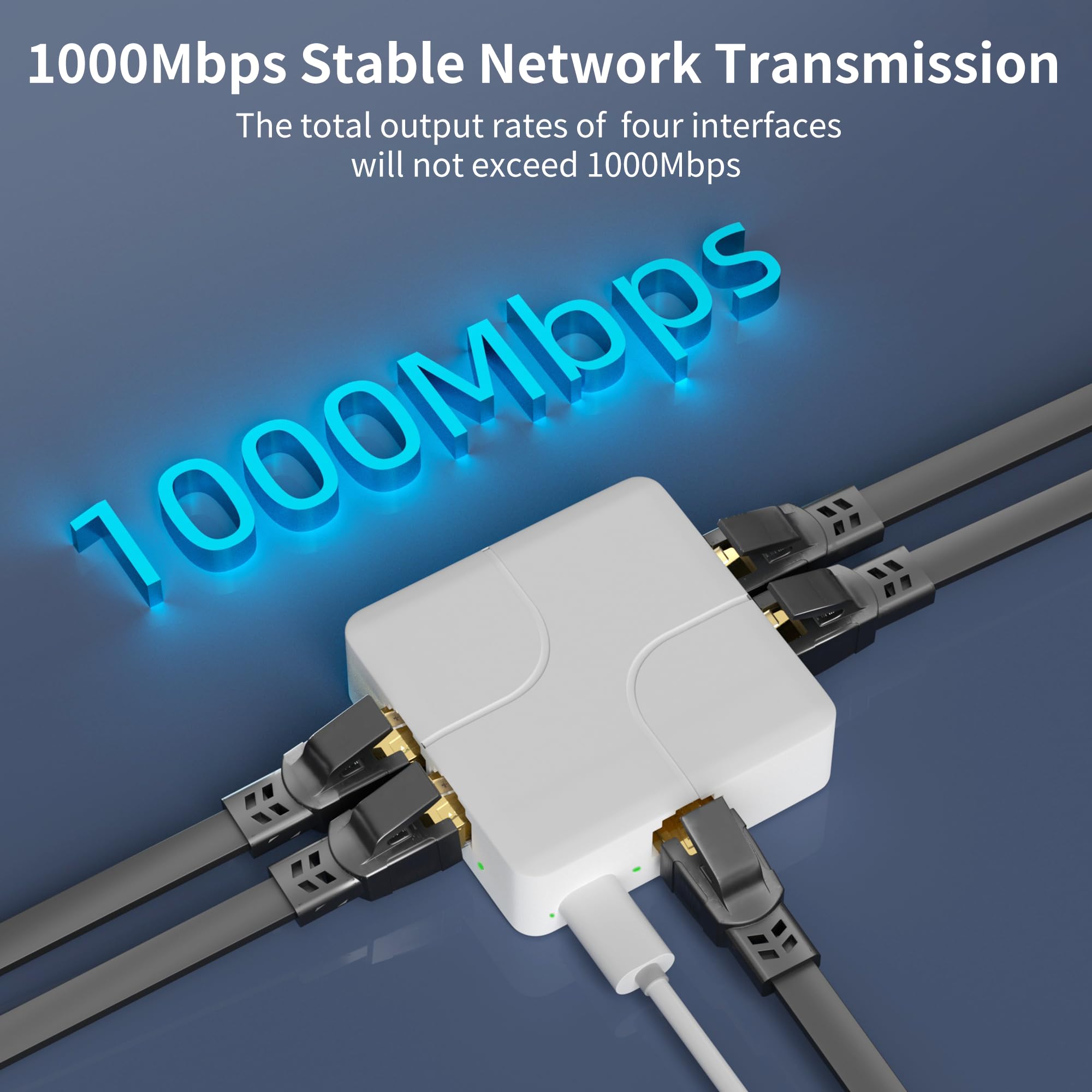 Ethernet Splitter 1000Mbps 1 To 4, Gigabit Lan Splitter Switch With Usb Power Cable, Support 4 Devices Simultaneously Networking