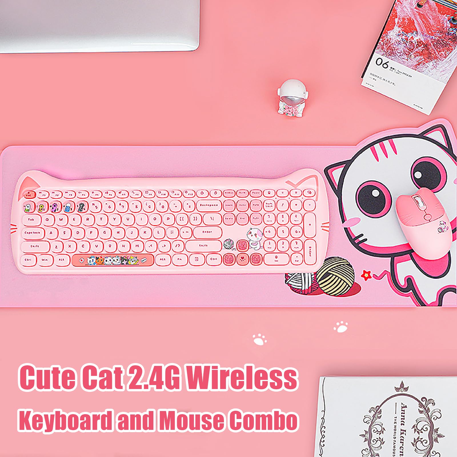 Cute Cat 2.4G Usb Wireless Keyboard And Mouse Combo, Silent Keys, Candy Colors, Compatible With Notebook, Pc (Pink 110Keys)