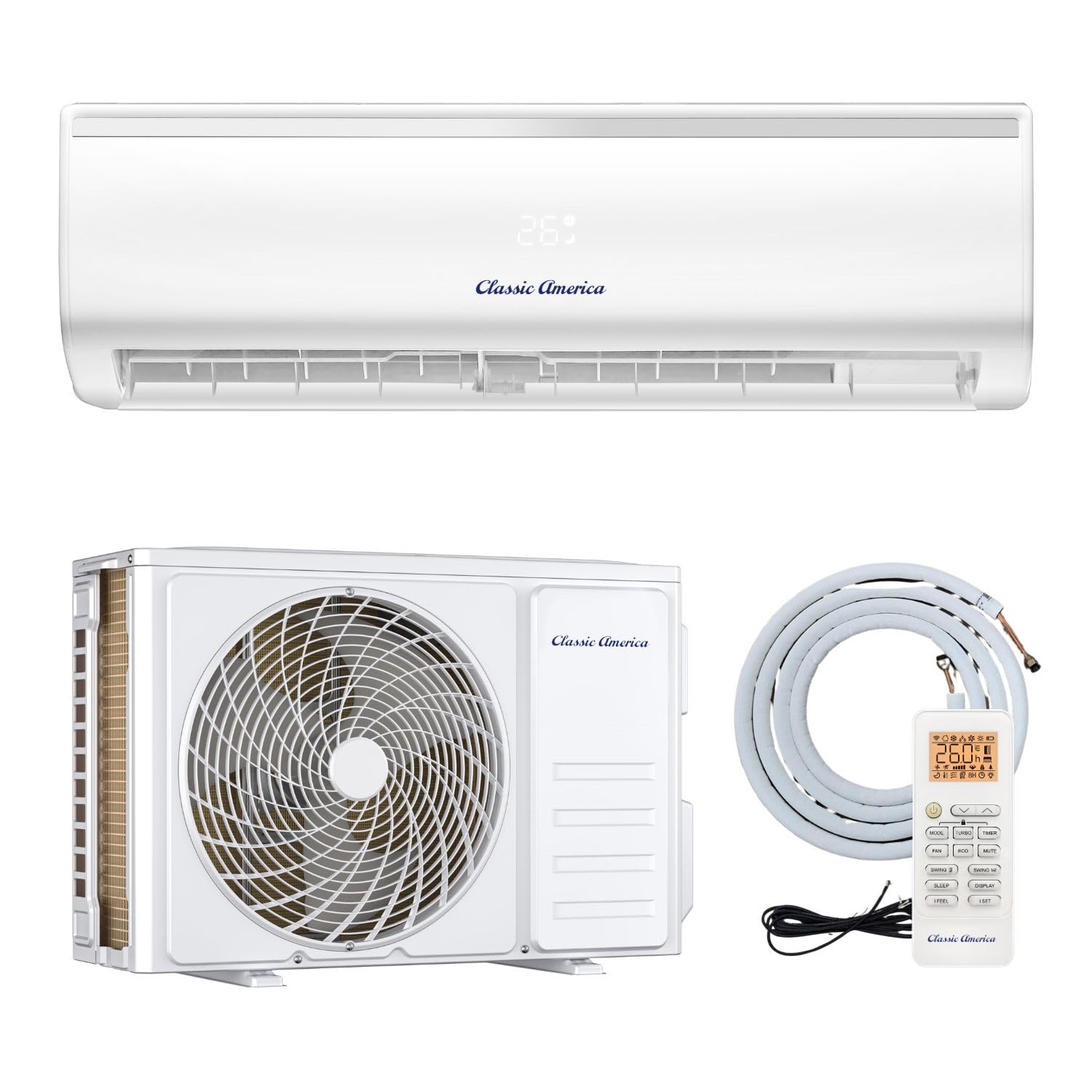 Vtronix Classic America 12,000 BTU Ductless Wall Mount Mini Split Inverter Air Conditioner with Heat Pump, 16 ft Line Set, Up to