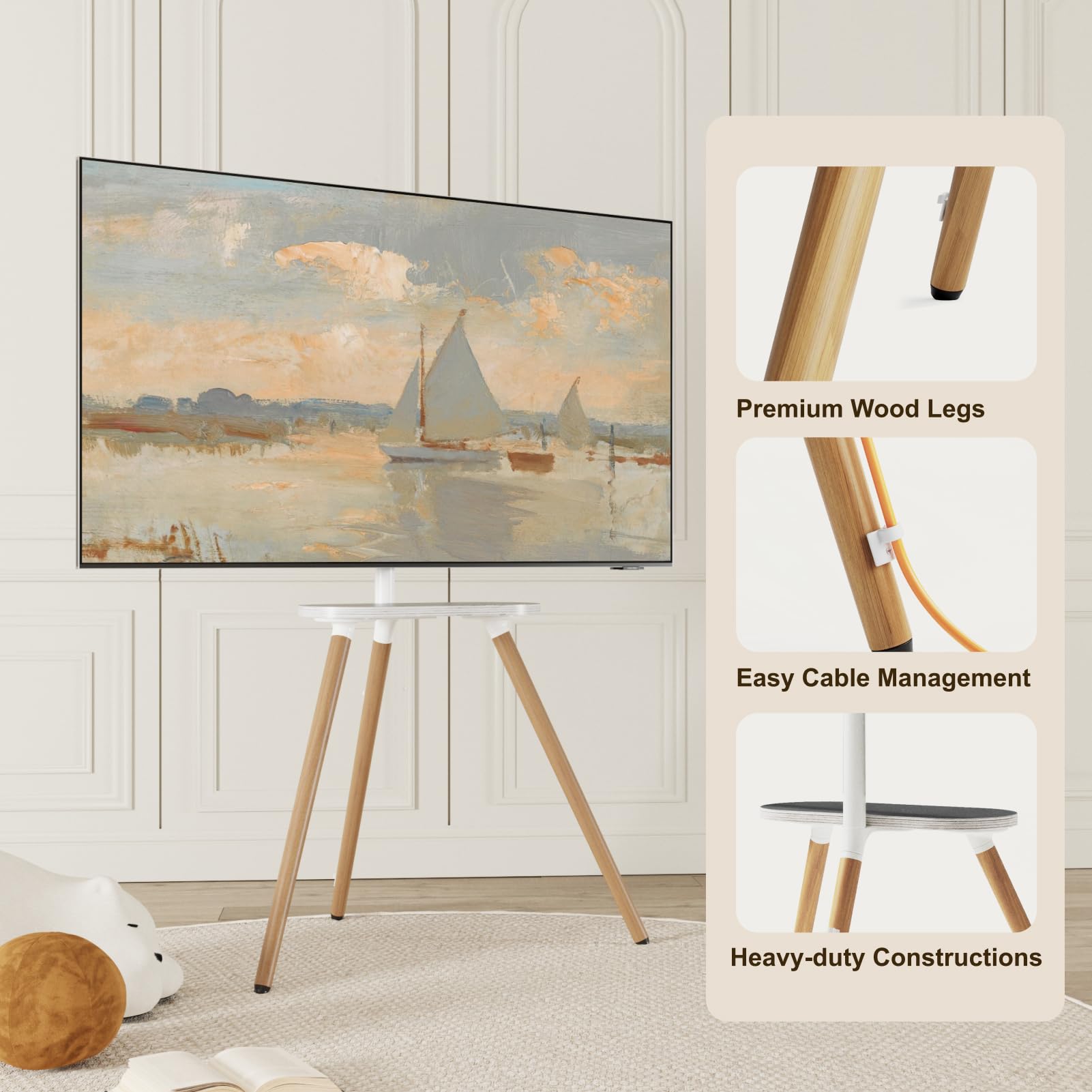 ECOTINY Tripod Easel TV Stand for 43-65" TVs, Height-Adjustable, White, Model HW1074WH, VESA 400x400, Minimalist Design